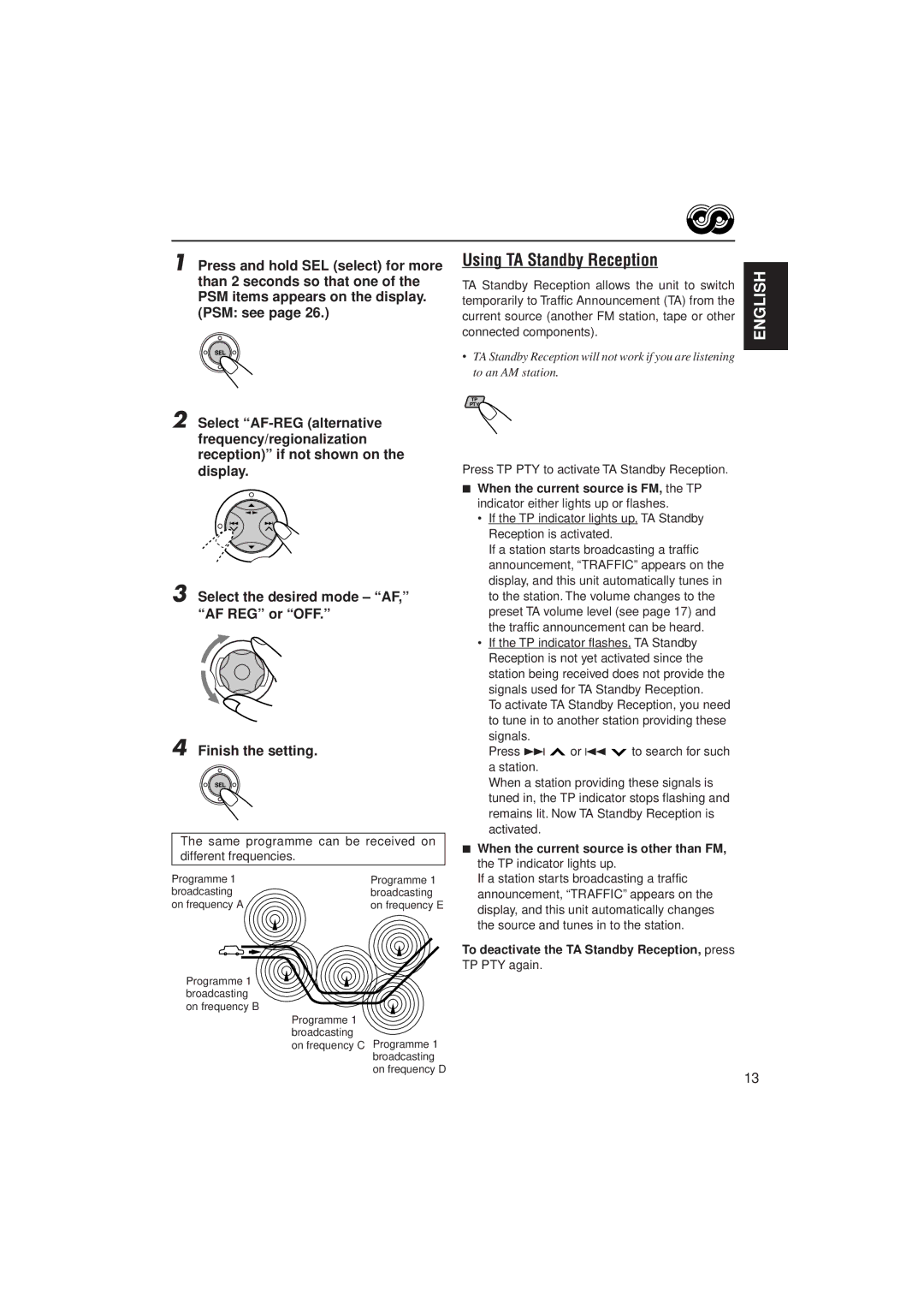 JVC 0302KKSMDTJEIN, GET0070-001A manual Using TA Standby Reception, To deactivate the TA Standby Reception, press 