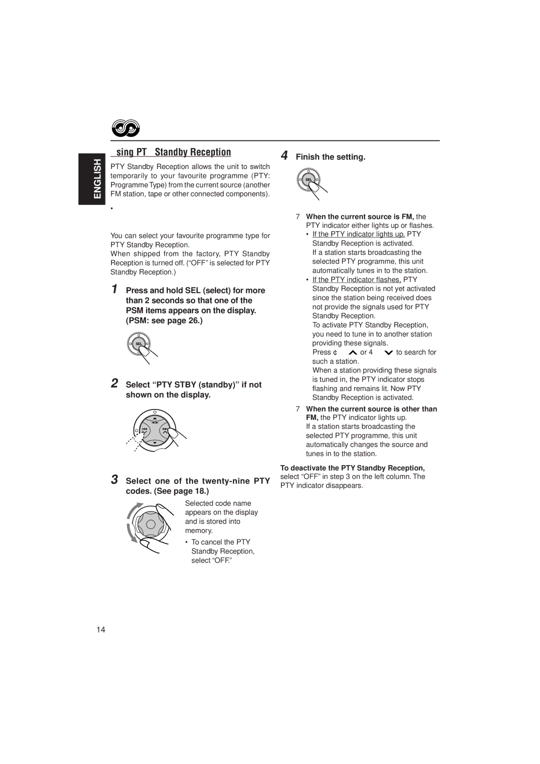 JVC GET0070-001A, 0302KKSMDTJEIN manual Using PTY Standby Reception, To deactivate the PTY Standby Reception 