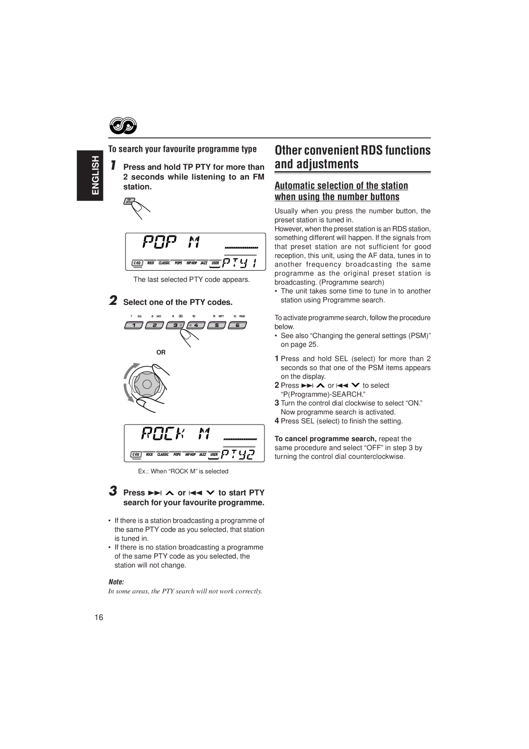 JVC GET0070-001A To search your favourite programme type, Press and hold TP PTY for more than, Select one of the PTY codes 