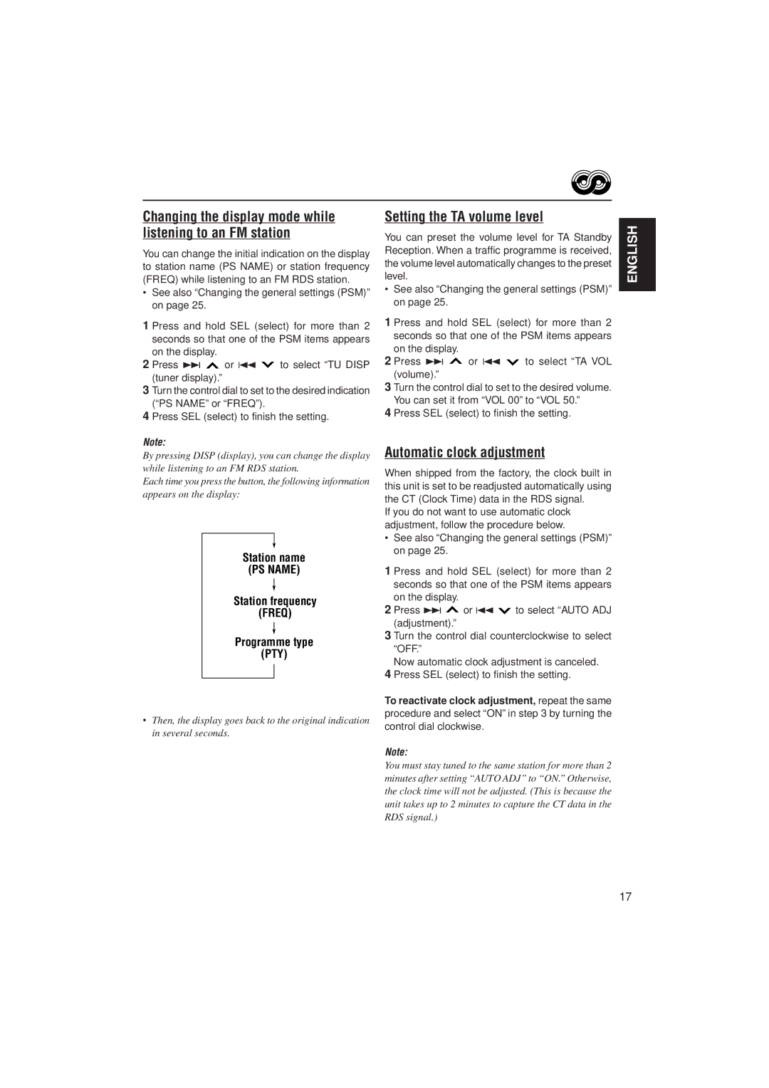 JVC 0302KKSMDTJEIN, GET0070-001A manual Setting the TA volume level, Automatic clock adjustment 