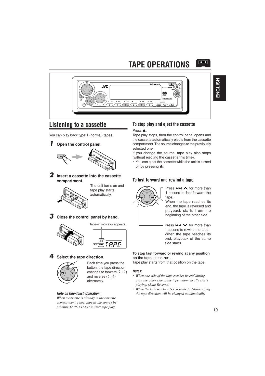 JVC 0302KKSMDTJEIN, GET0070-001A manual Tape Operations, Listening to a cassette, To stop play and eject the cassette 