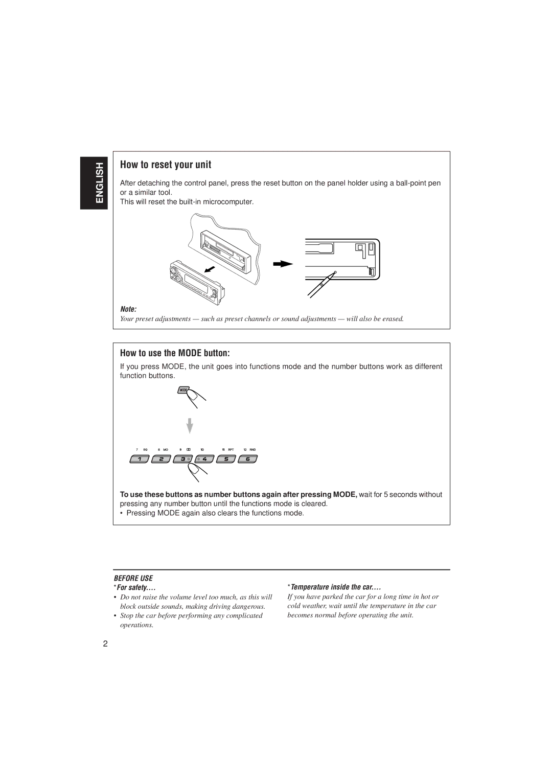 JVC GET0070-001A, 0302KKSMDTJEIN manual How to reset your unit, How to use the Mode button 