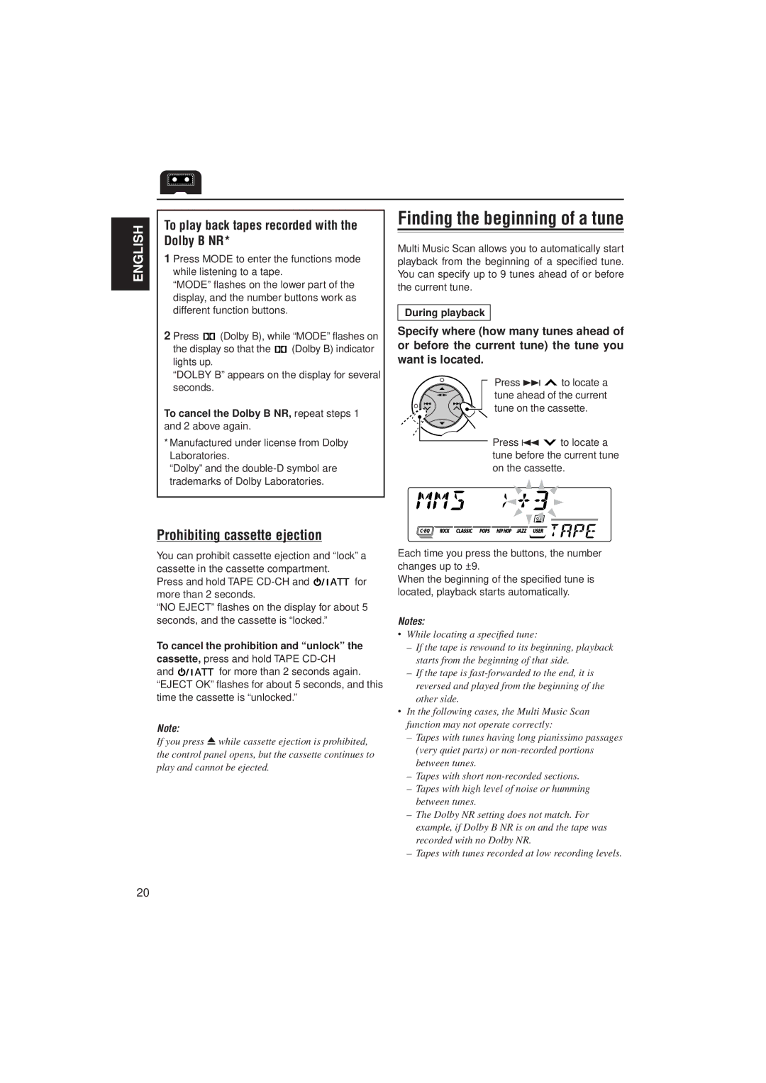 JVC GET0070-001A manual Prohibiting cassette ejection, To play back tapes recorded with the Dolby B NR, During playback 