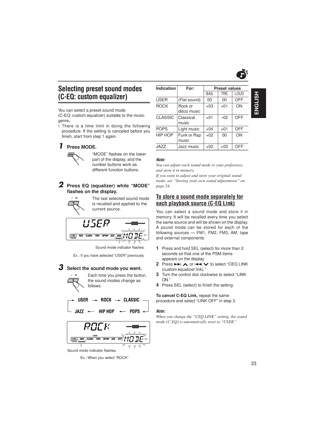 JVC 0302KKSMDTJEIN manual Selecting preset sound modes C-EQ custom equalizer, Press Mode, Select the sound mode you want 