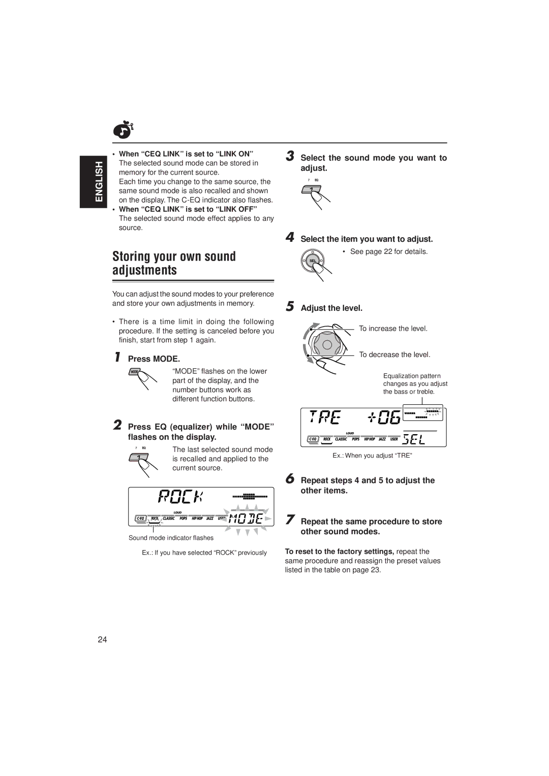 JVC GET0070-001A Storing your own sound adjustments, When CEQ Link is set to Link on, When CEQ Link is set to Link OFF 