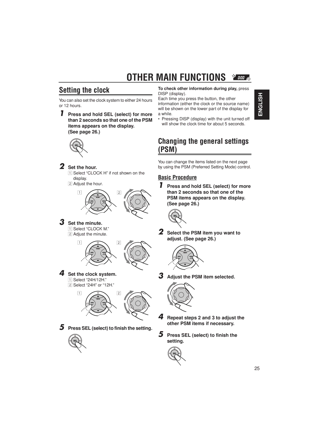 JVC 0302KKSMDTJEIN manual Other Main Functions, Setting the clock, Changing the general settings PSM, Basic Procedure 