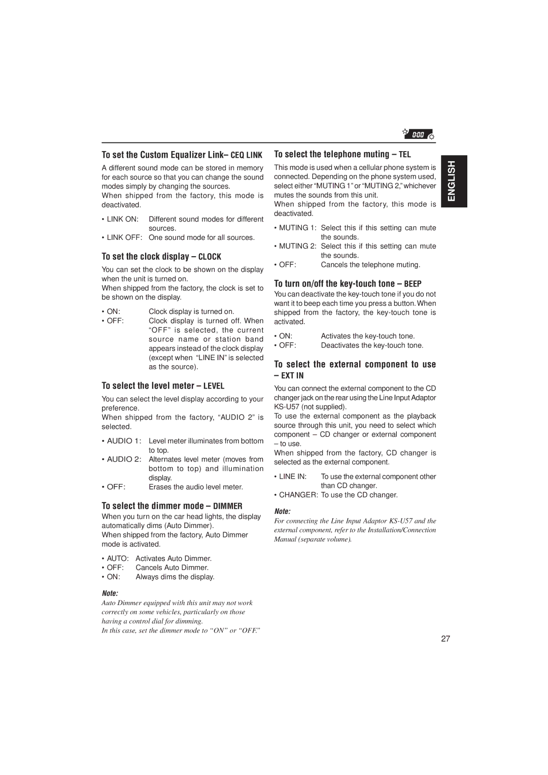 JVC 0302KKSMDTJEIN manual To set the clock display Clock, To select the level meter Level, To select the dimmer mode Dimmer 