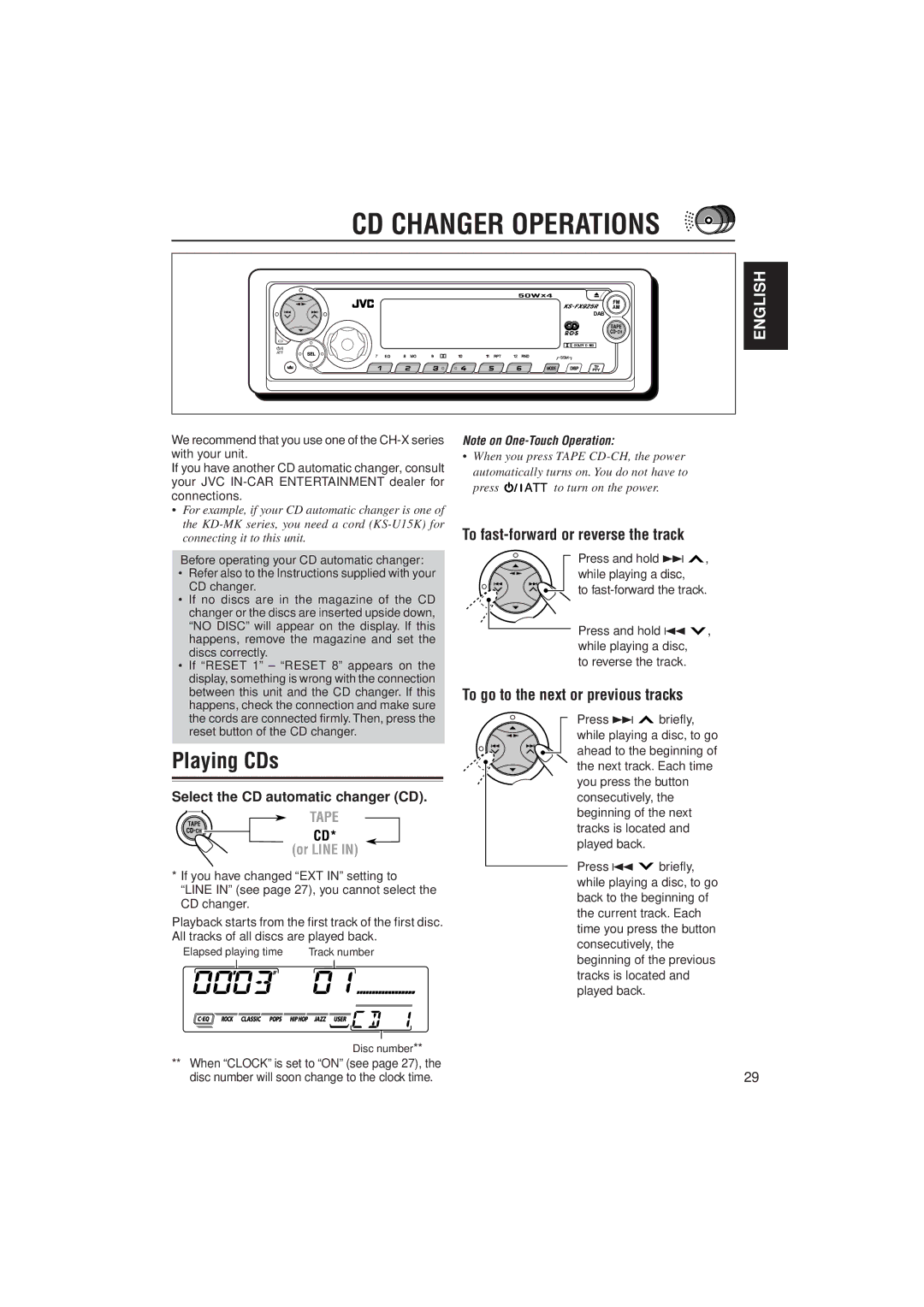 JVC 0302KKSMDTJEIN, GET0070-001A manual CD Changer Operations, Playing CDs, To fast-forward or reverse the track 