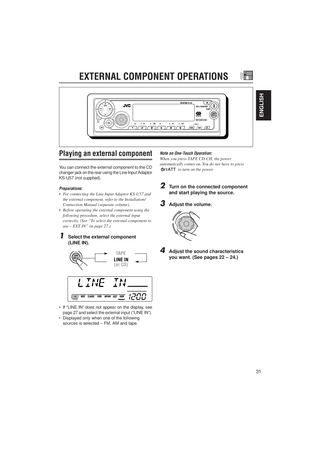 JVC 0302KKSMDTJEIN, GET0070-001A manual Playing an external component Note on One-Touch Operation, Line 