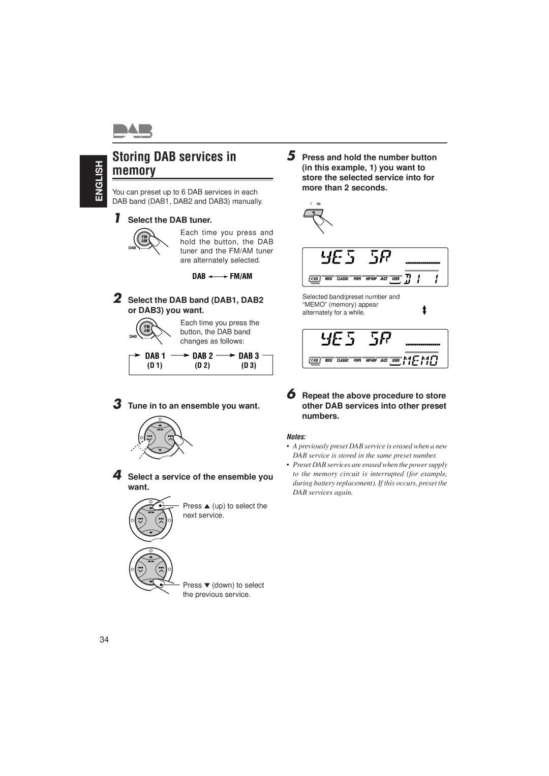 JVC GET0070-001A, 0302KKSMDTJEIN manual Storing DAB services in memory, Select the DAB band DAB1, DAB2 or DAB3 you want 