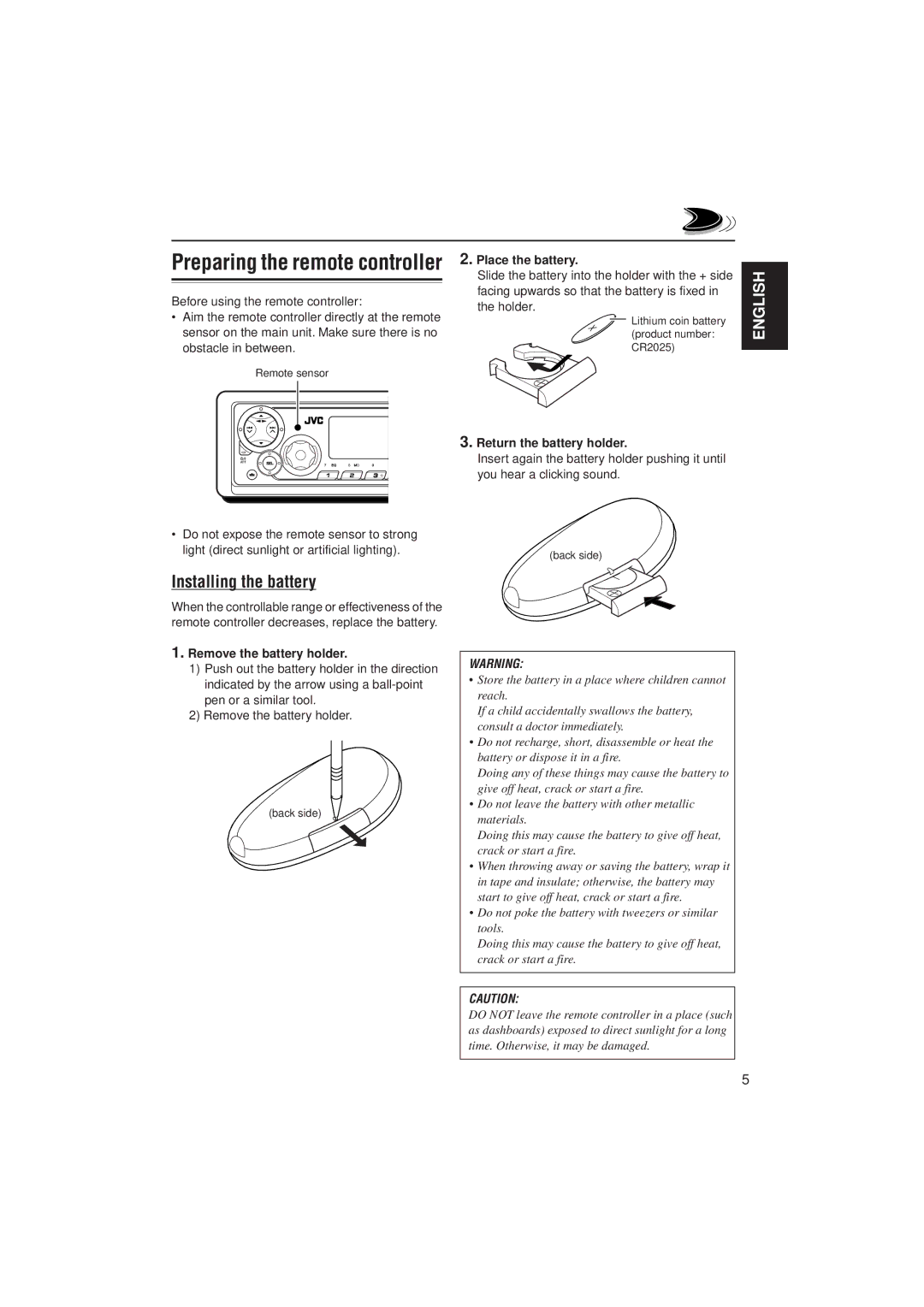 JVC 0302KKSMDTJEIN manual Installing the battery, Place the battery, Return the battery holder, Remove the battery holder 