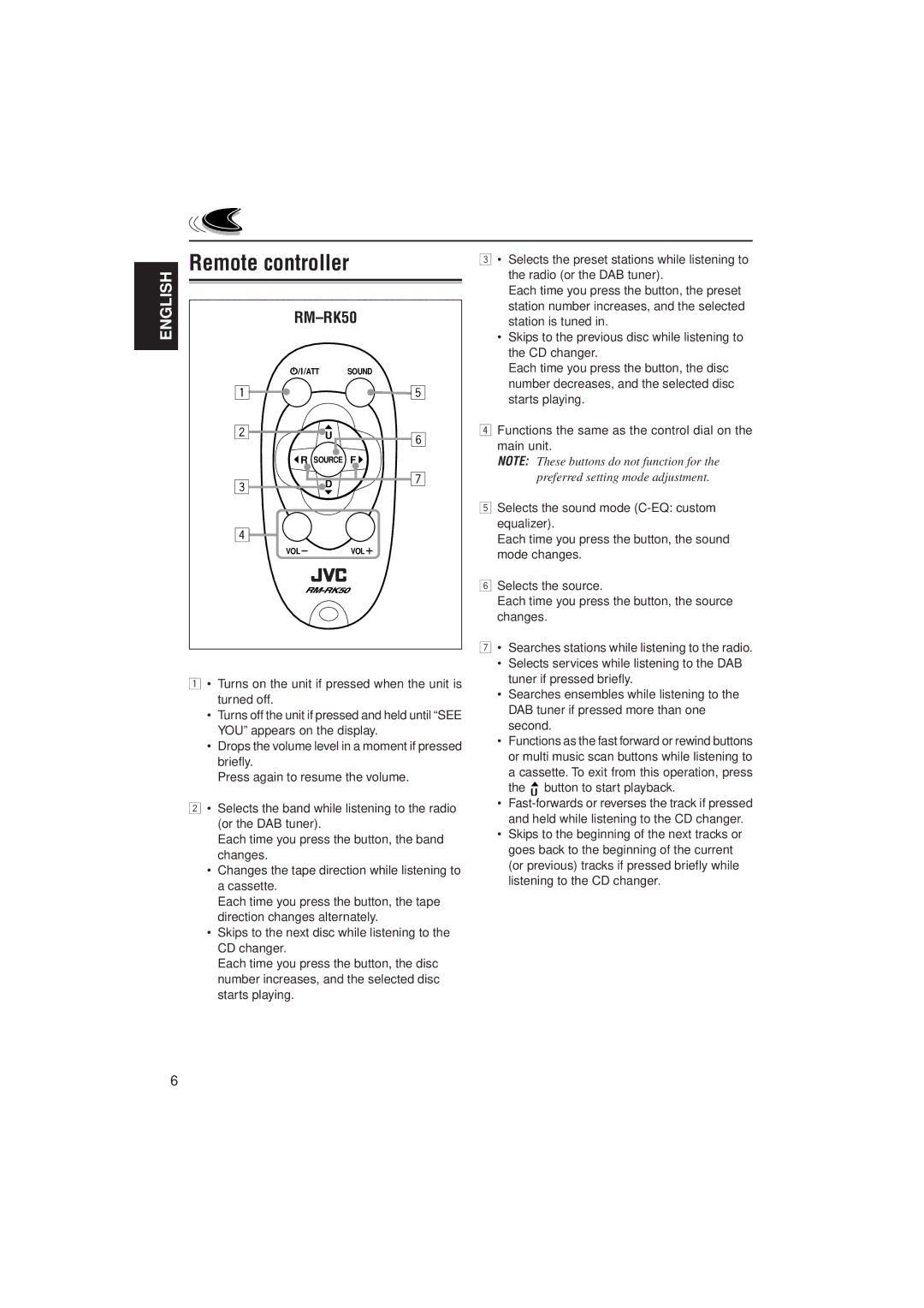 JVC GET0070-001A, 0302KKSMDTJEIN manual Remote controller, RM-RK50 