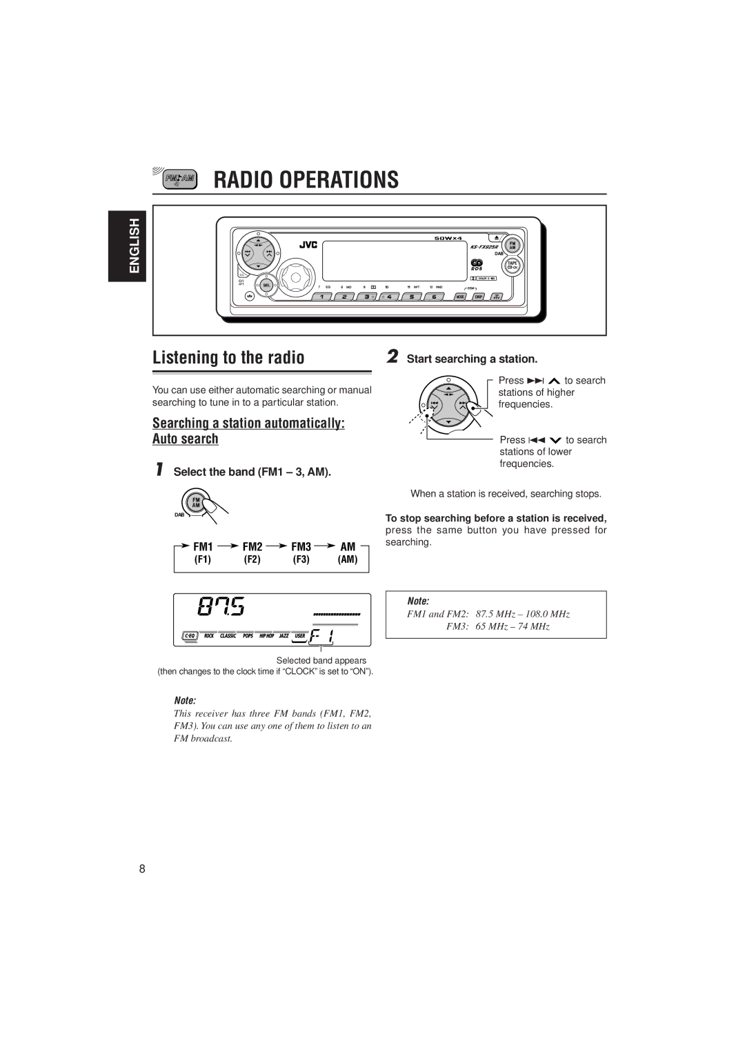 JVC GET0070-001A, 0302KKSMDTJEIN Radio Operations, Listening to the radio, Searching a station automatically Auto search 