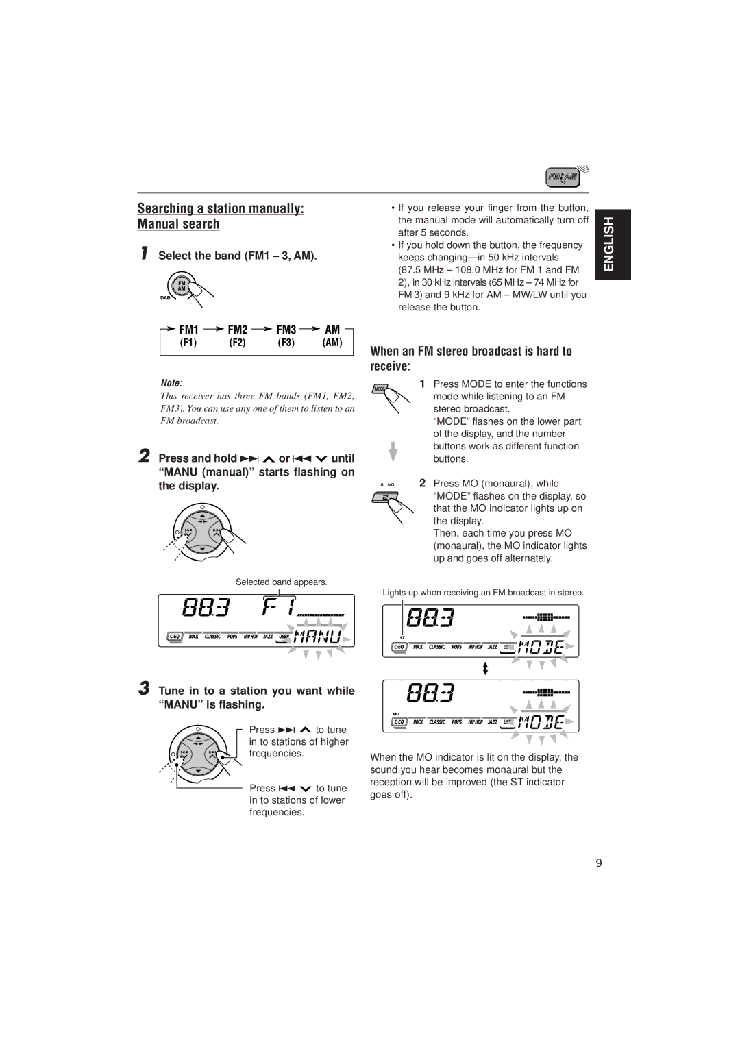 JVC 0302KKSMDTJEIN Searching a station manually Manual search, When an FM stereo broadcast is hard to receive 