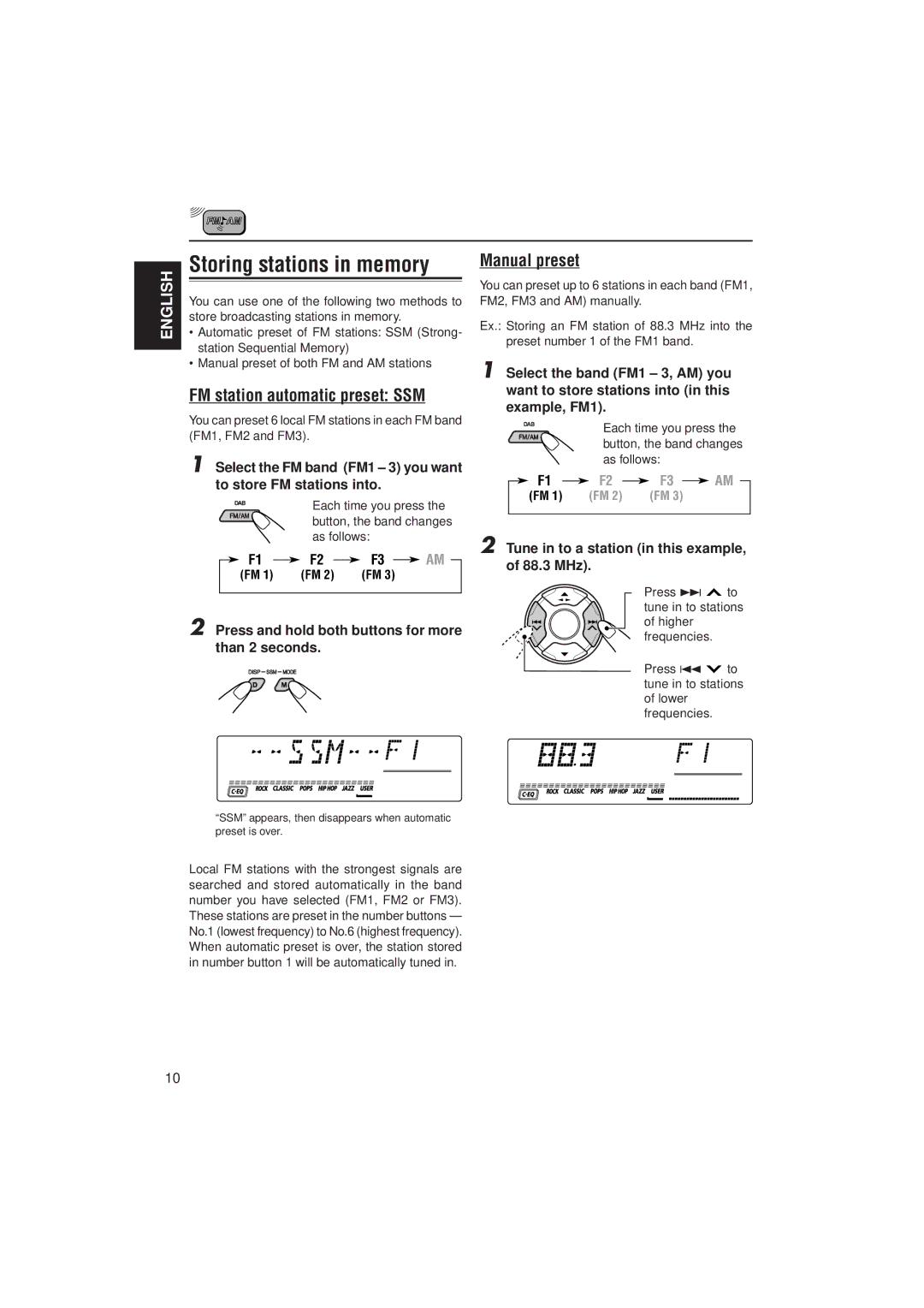 JVC GET0074-001A manual FM station automatic preset SSM, Manual preset, Press and hold both buttons for more than 2 seconds 