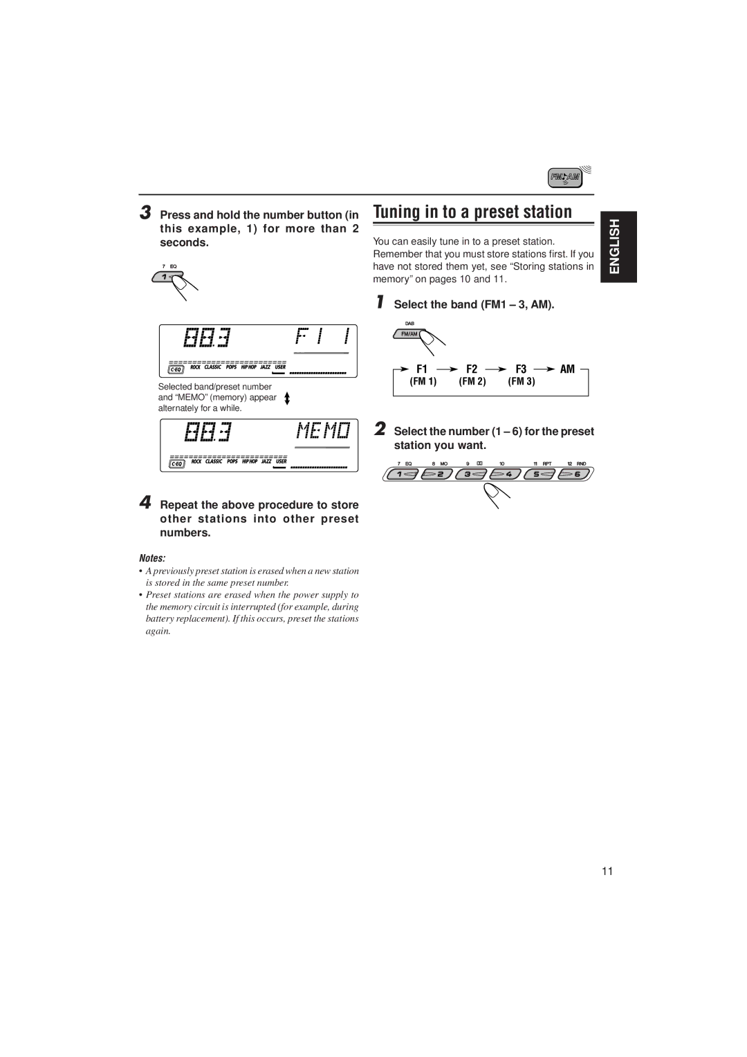 JVC GET0074-001A manual Tuning in to a preset station 