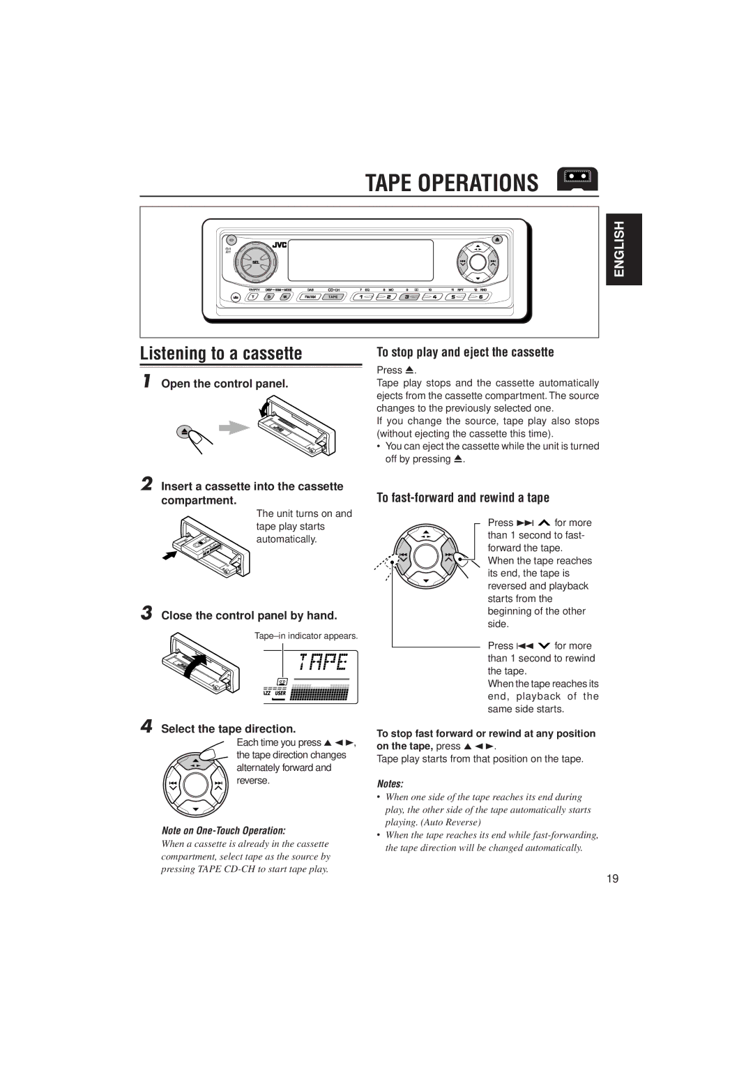 JVC GET0074-001A manual Tape Operations, Listening to a cassette, To stop play and eject the cassette 