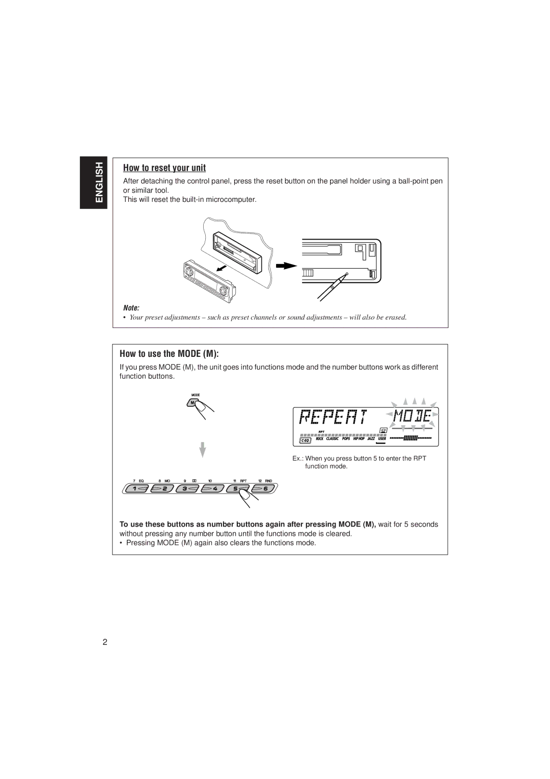 JVC GET0074-001A manual How to reset your unit, How to use the Mode M 