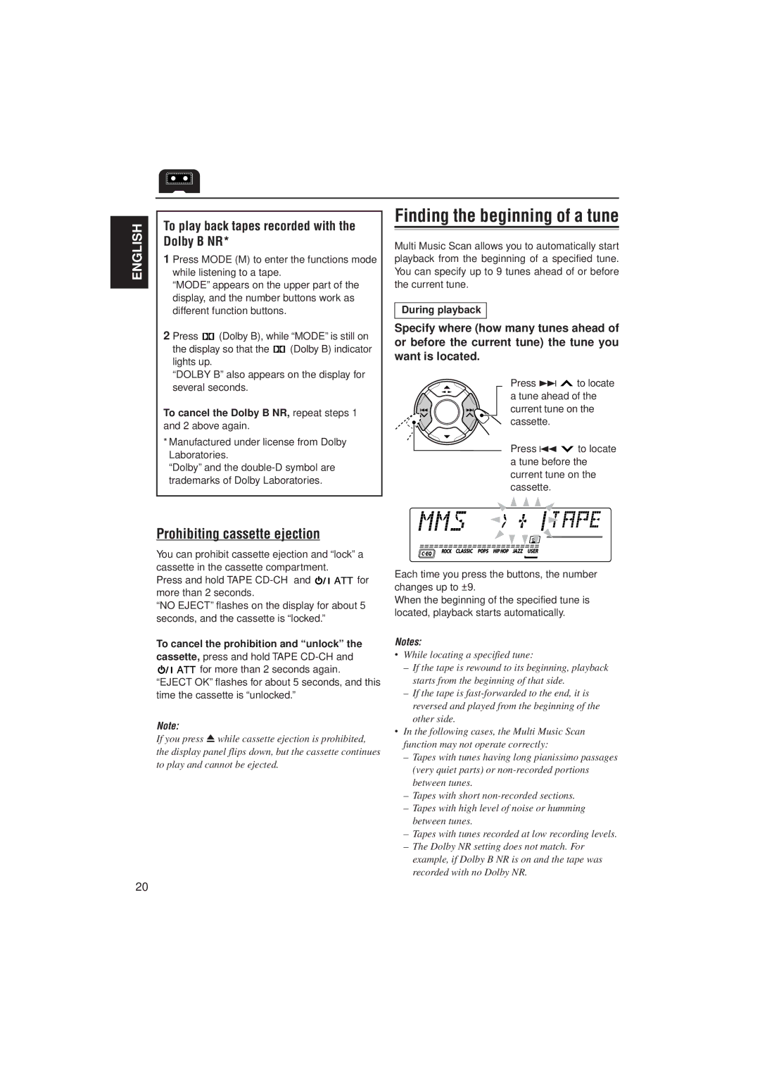 JVC GET0074-001A manual Prohibiting cassette ejection, To play back tapes recorded with the Dolby B NR, During playback 