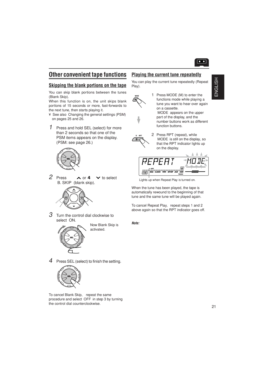 JVC GET0074-001A manual Playing the current tune repeatedly, Skipping the blank portions on the tape 