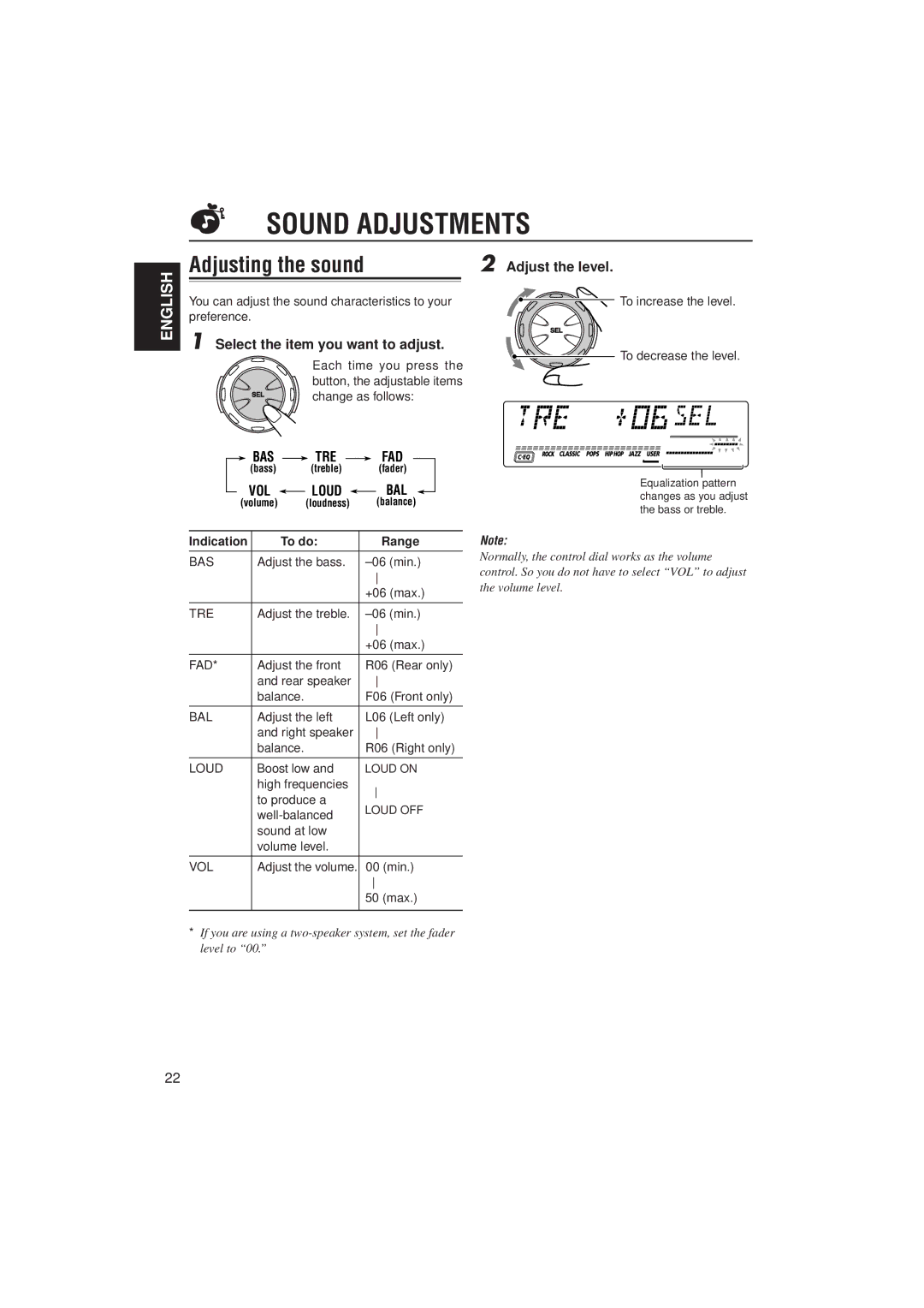 JVC GET0074-001A Sound Adjustments, Adjusting the sound, Select the item you want to adjust, Adjust the level, To do Range 