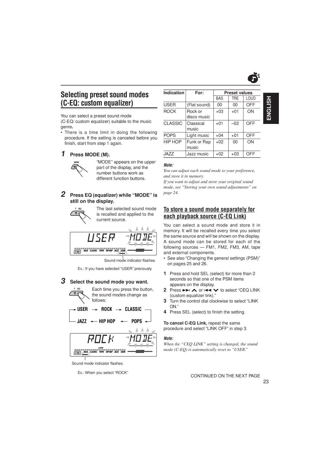 JVC GET0074-001A manual Selecting preset sound modes C-EQ custom equalizer, Press Mode M, Select the sound mode you want 