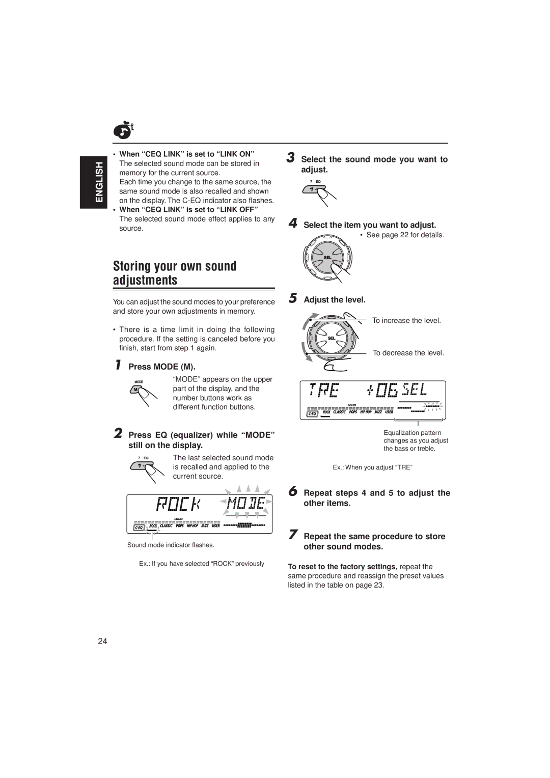 JVC GET0074-001A manual Storing your own sound adjustments, Press EQ equalizer while Mode still on the display 