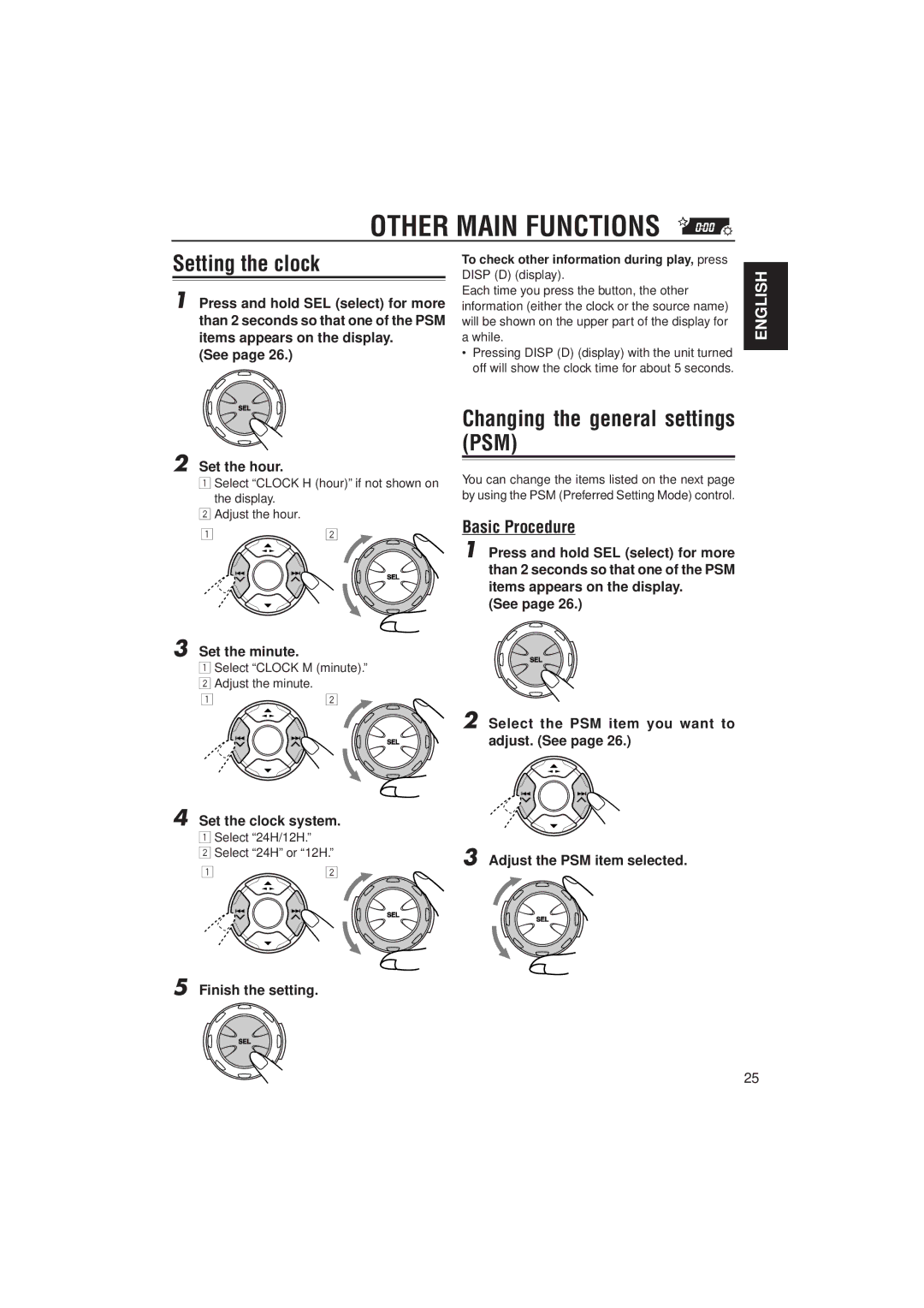 JVC GET0074-001A manual Other Main Functions, Setting the clock, Changing the general settings PSM, Basic Procedure 