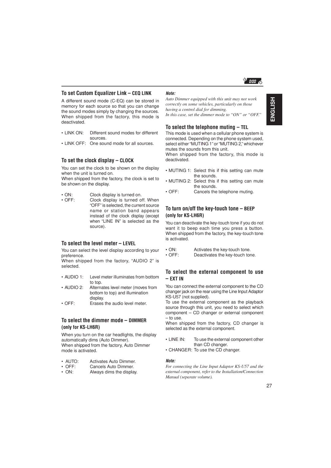 JVC GET0074-001A manual To set the clock display Clock, To select the level meter Level, To select the dimmer mode Dimmer 