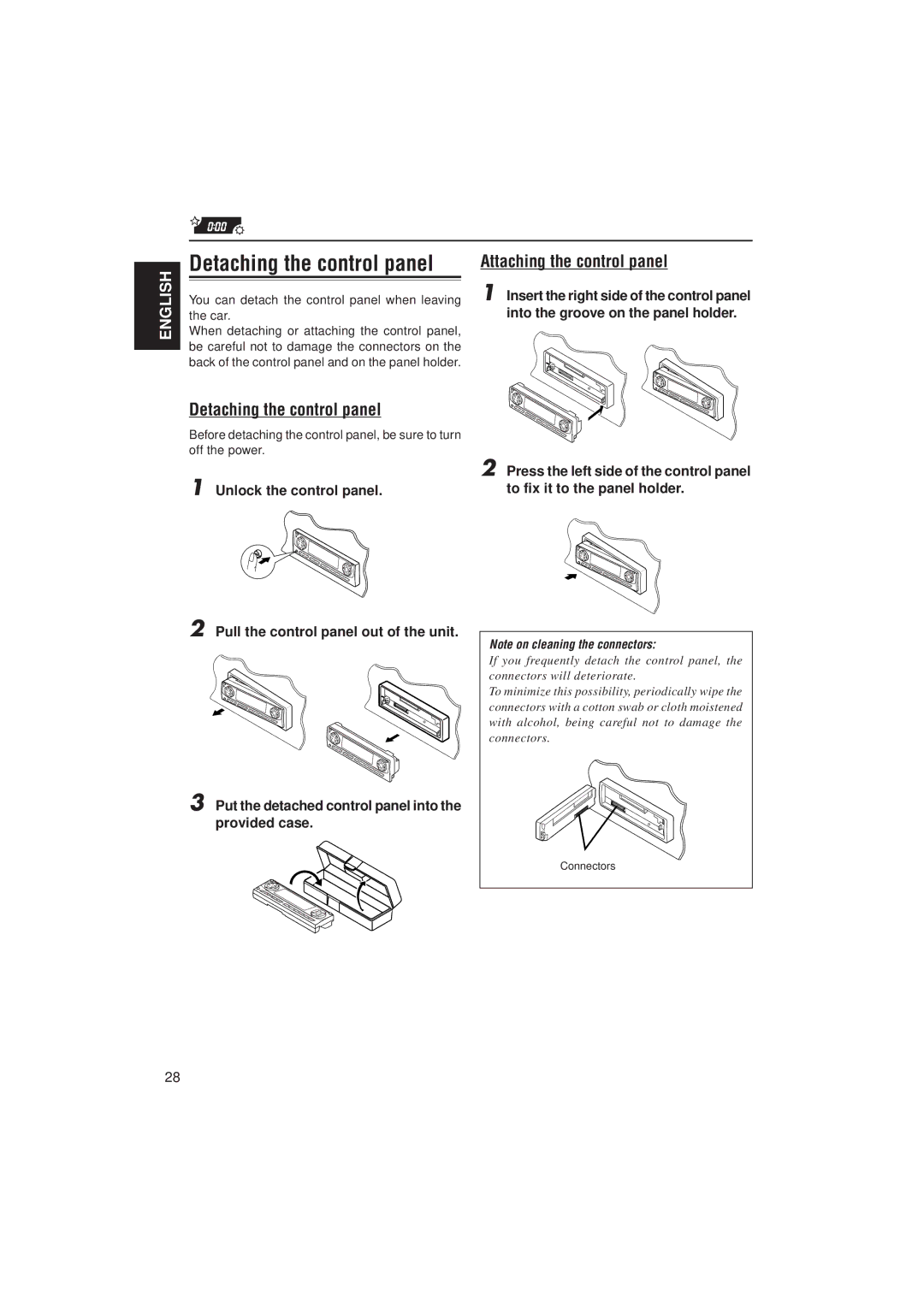 JVC GET0074-001A manual Detaching the control panel, Attaching the control panel, Unlock the control panel 