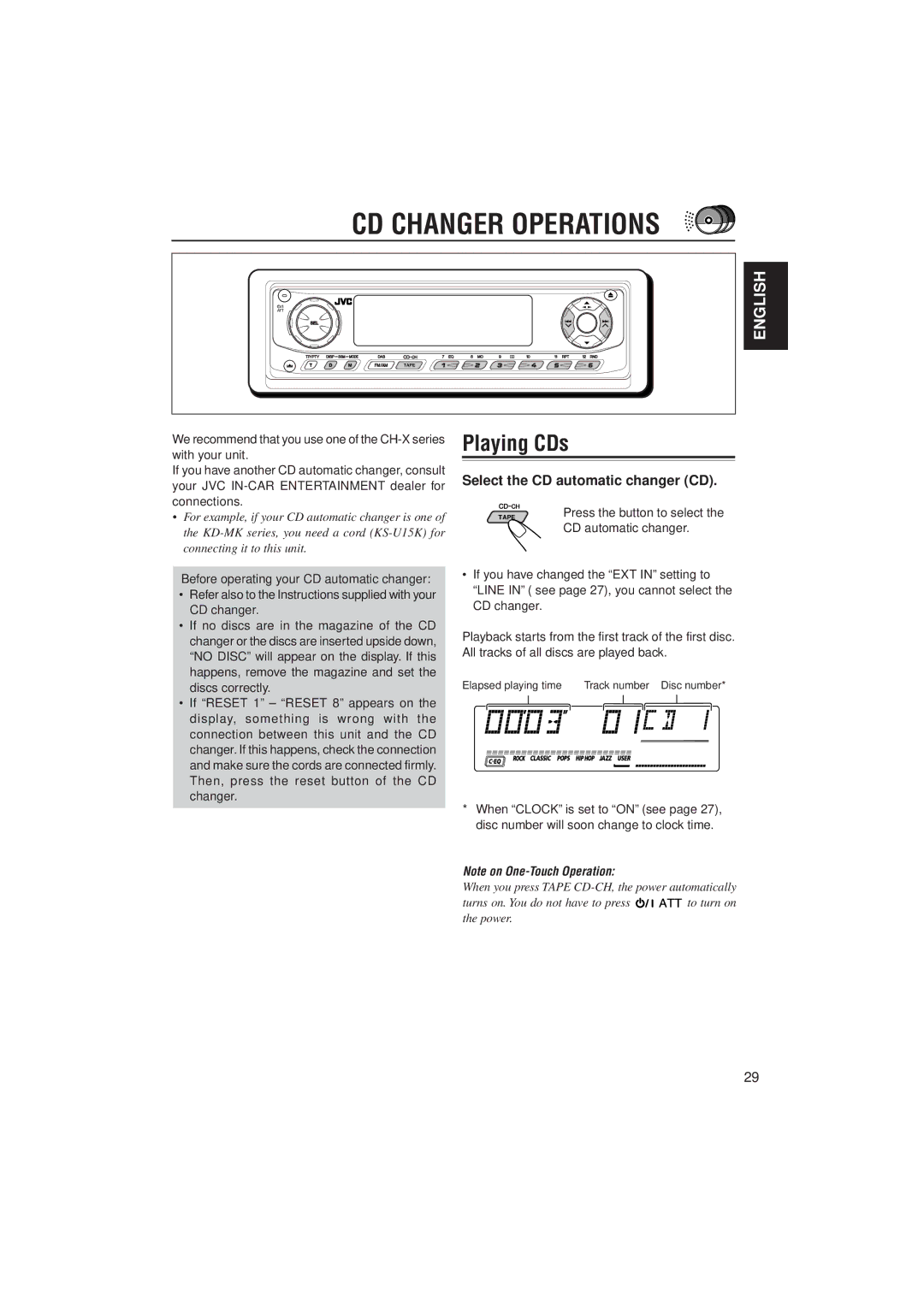 JVC GET0074-001A manual CD Changer Operations, Playing CDs, Select the CD automatic changer CD 