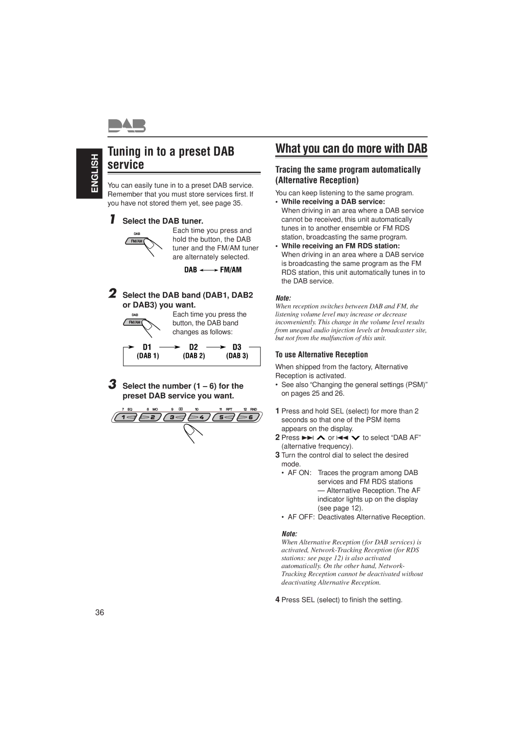 JVC GET0074-001A manual Service, Select the number 1 6 for the preset DAB service you want, To use Alternative Reception 