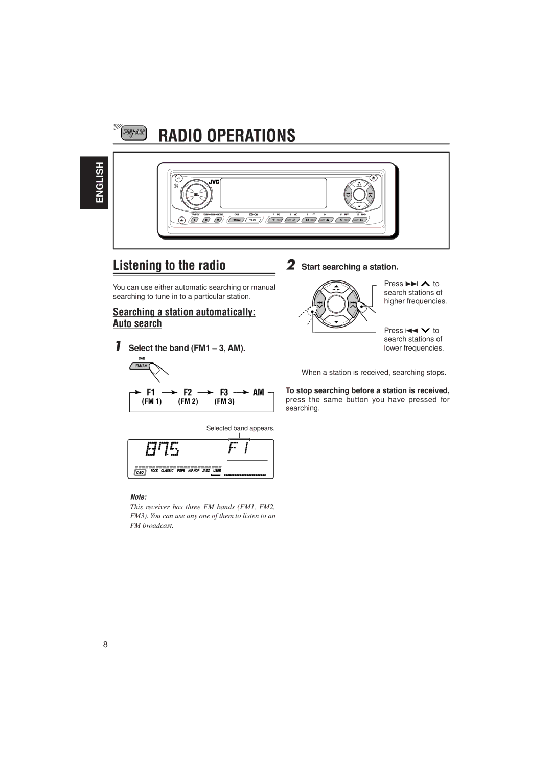 JVC GET0074-001A manual Radio Operations, Listening to the radio, Searching a station automatically Auto search 