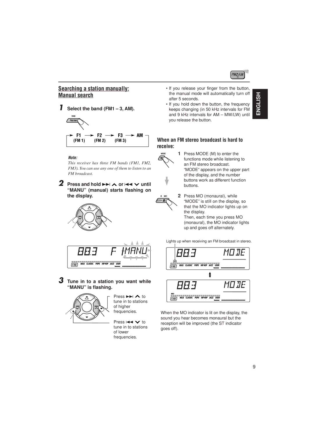 JVC GET0074-001A Searching a station manually Manual search, When an FM stereo broadcast is hard to receive 