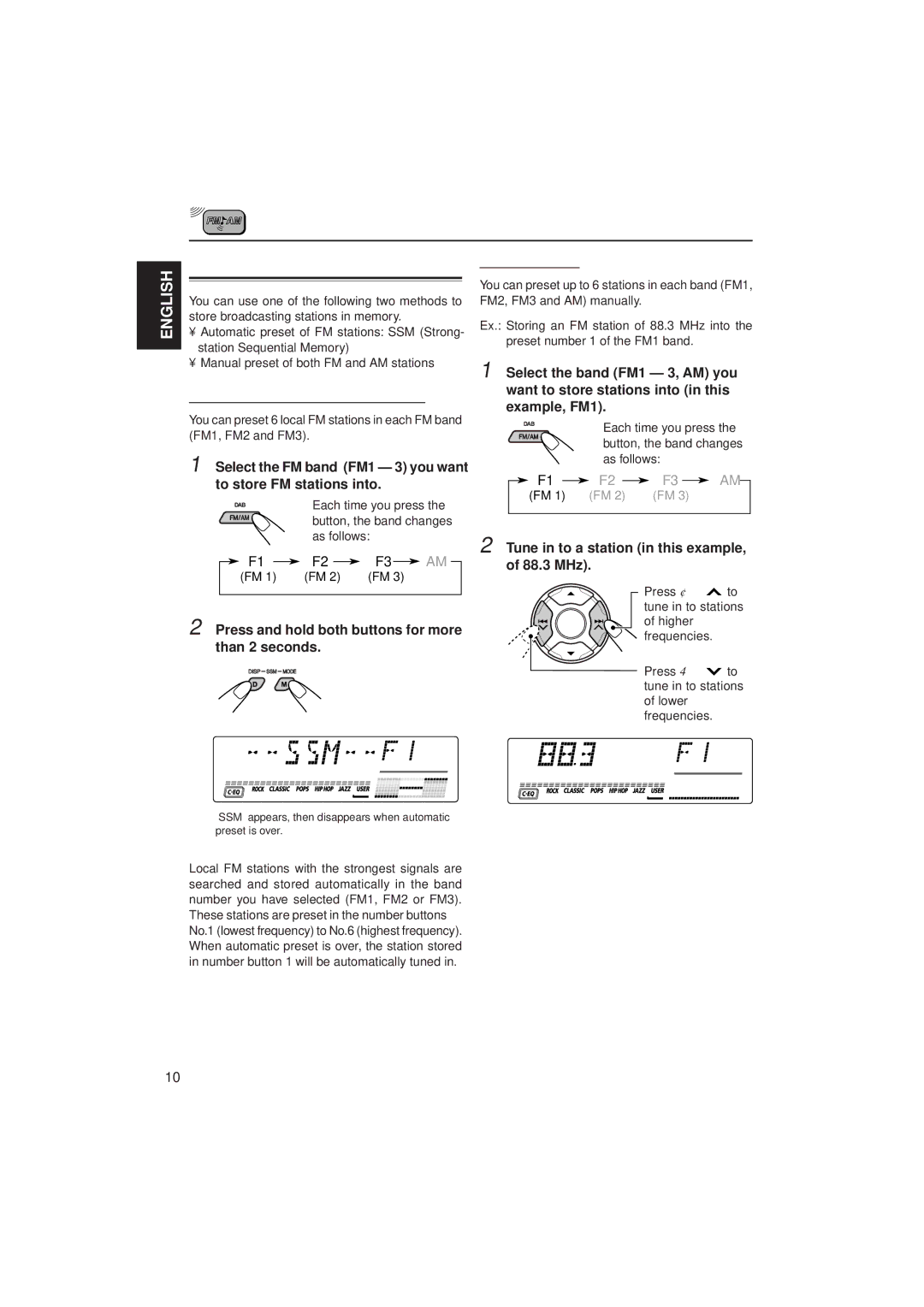 JVC GET0075-001A manual FM station automatic preset SSM, Manual preset, Press and hold both buttons for more than 2 seconds 