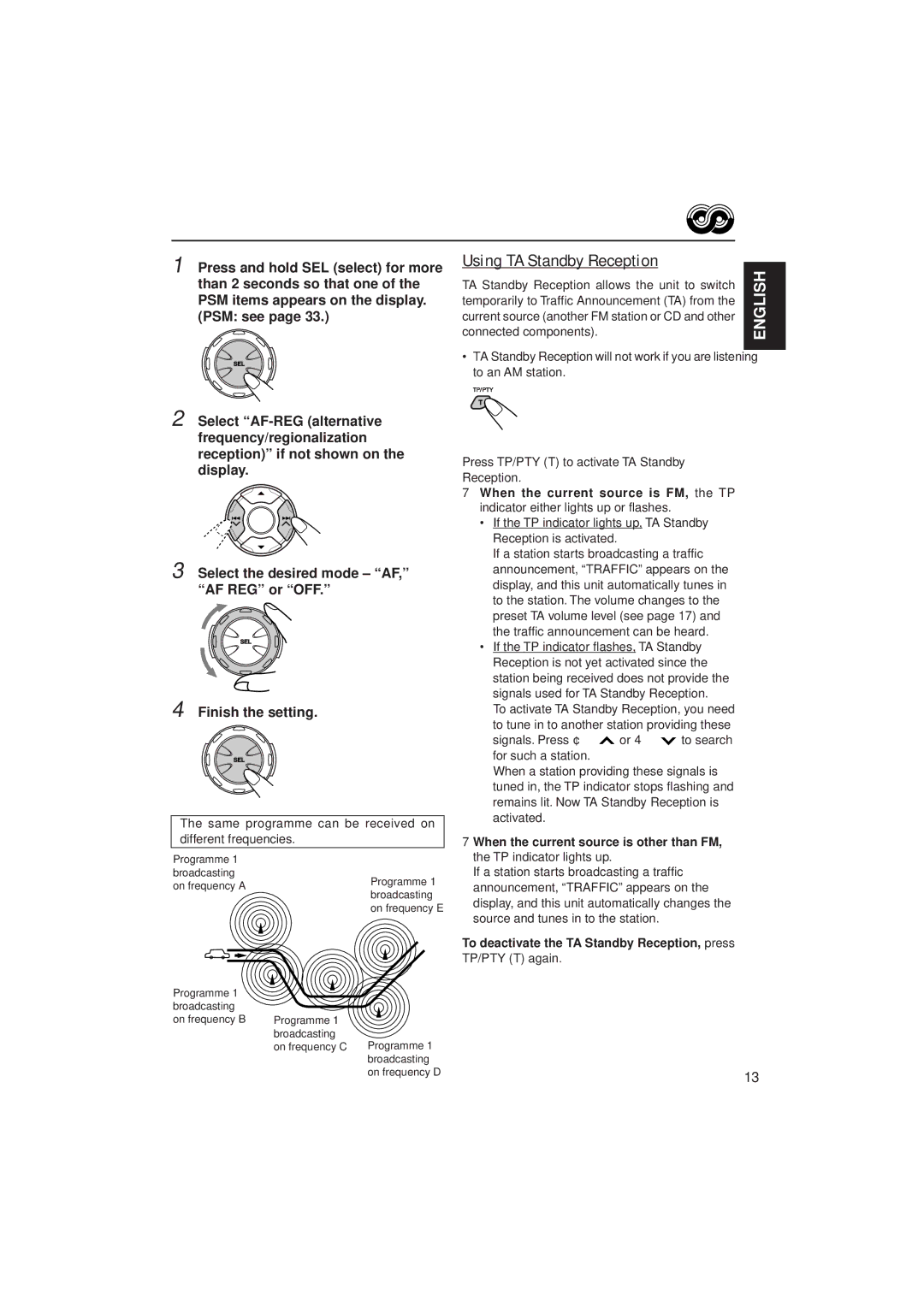 JVC GET0075-001A manual Using TA Standby Reception, When the current source is FM, the TP 