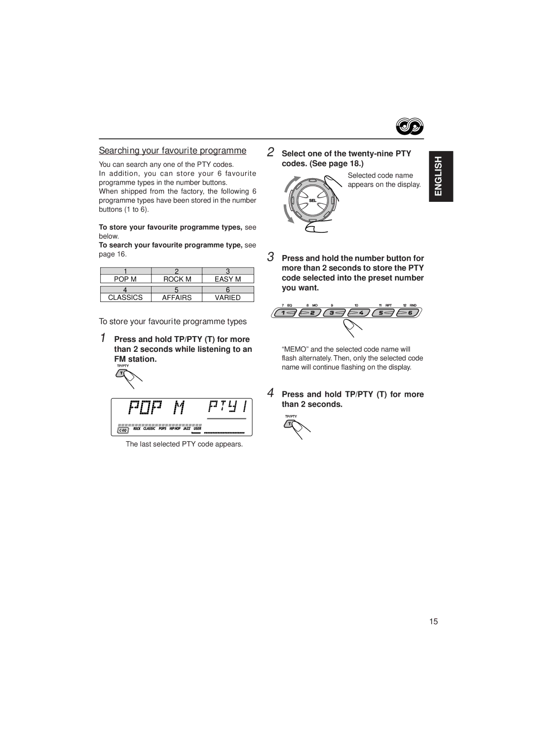 JVC GET0075-001A manual Searching your favourite programme, Press and hold TP/PTY T for more than 2 seconds, Below 