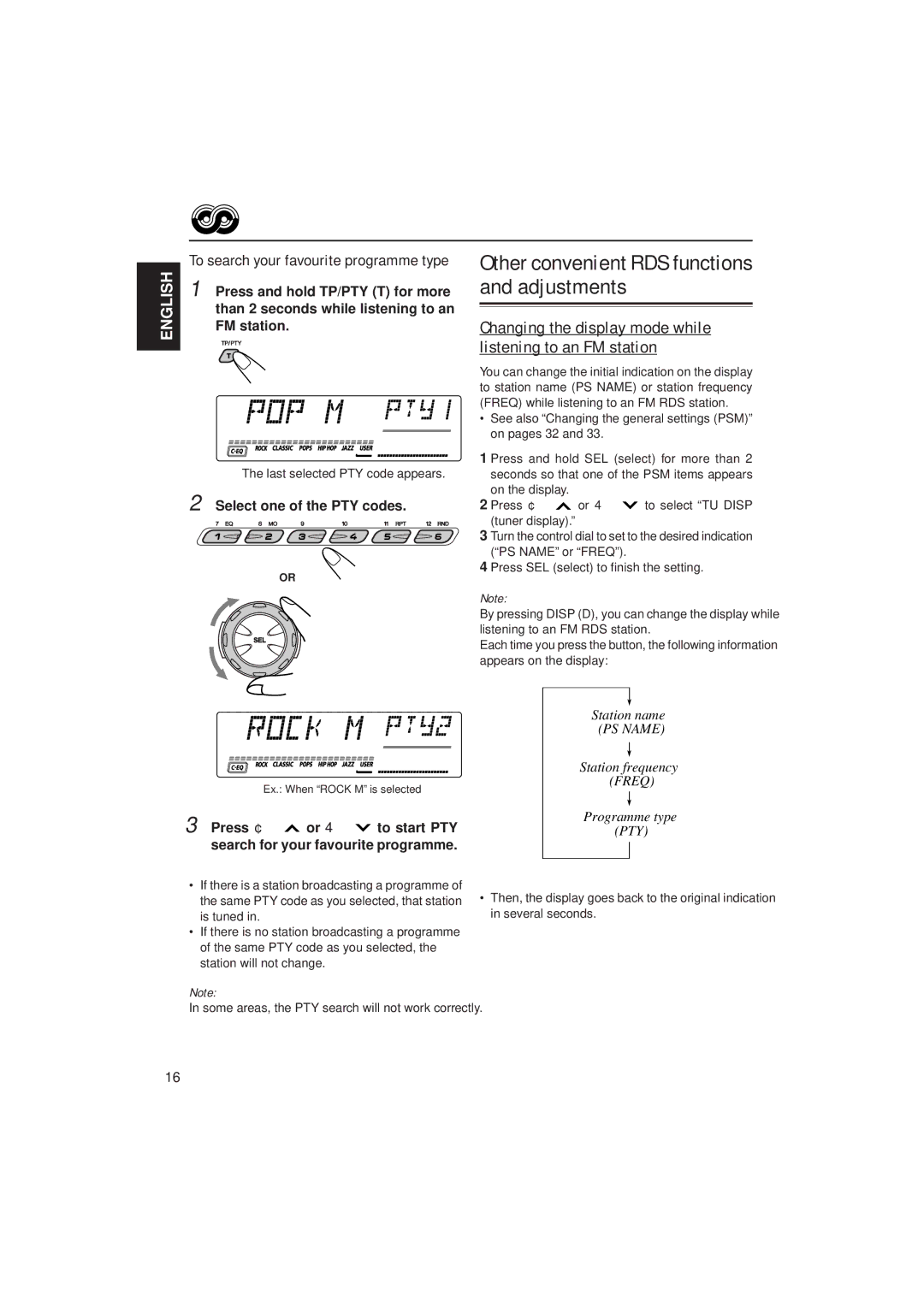 JVC GET0075-001A manual Changing the display mode while listening to an FM station, PS Name, Freq, Pty 