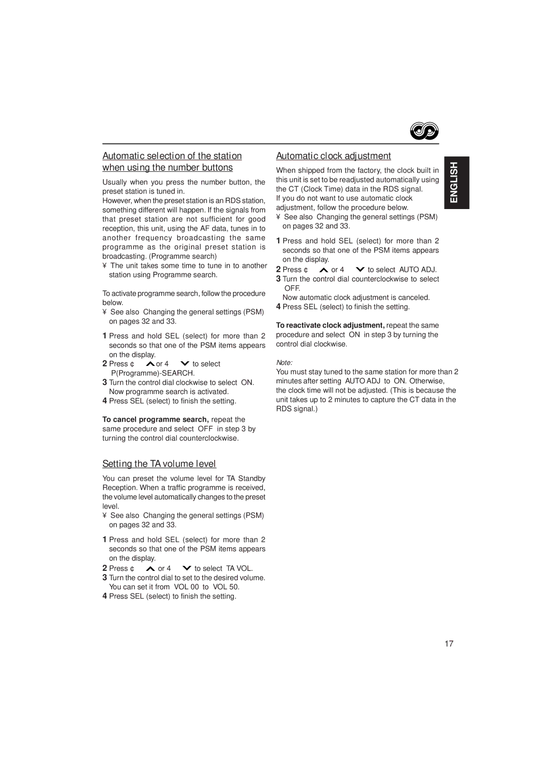 JVC GET0075-001A manual Setting the TA volume level, Automatic clock adjustment 