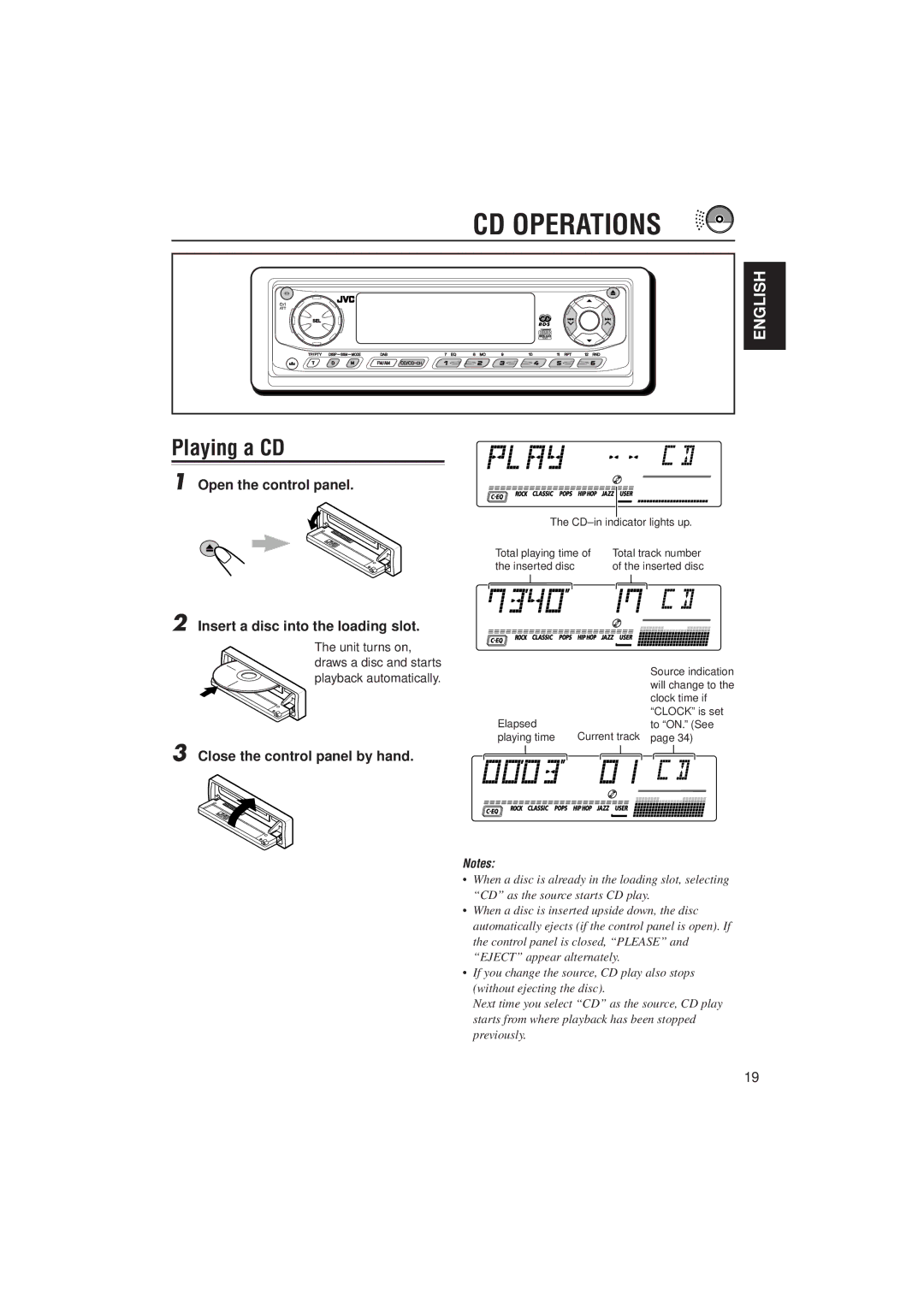 JVC GET0075-001A manual CD Operations, Playing a CD, Open the control panel, Insert a disc into the loading slot 