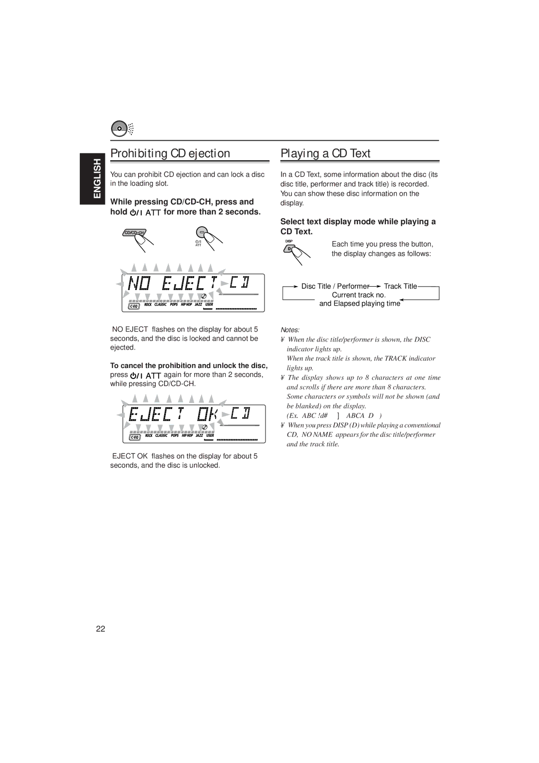 JVC GET0075-001A Prohibiting CD ejection, Playing a CD Text, While pressing CD/CD-CH, press, Hold For more than 2 seconds 