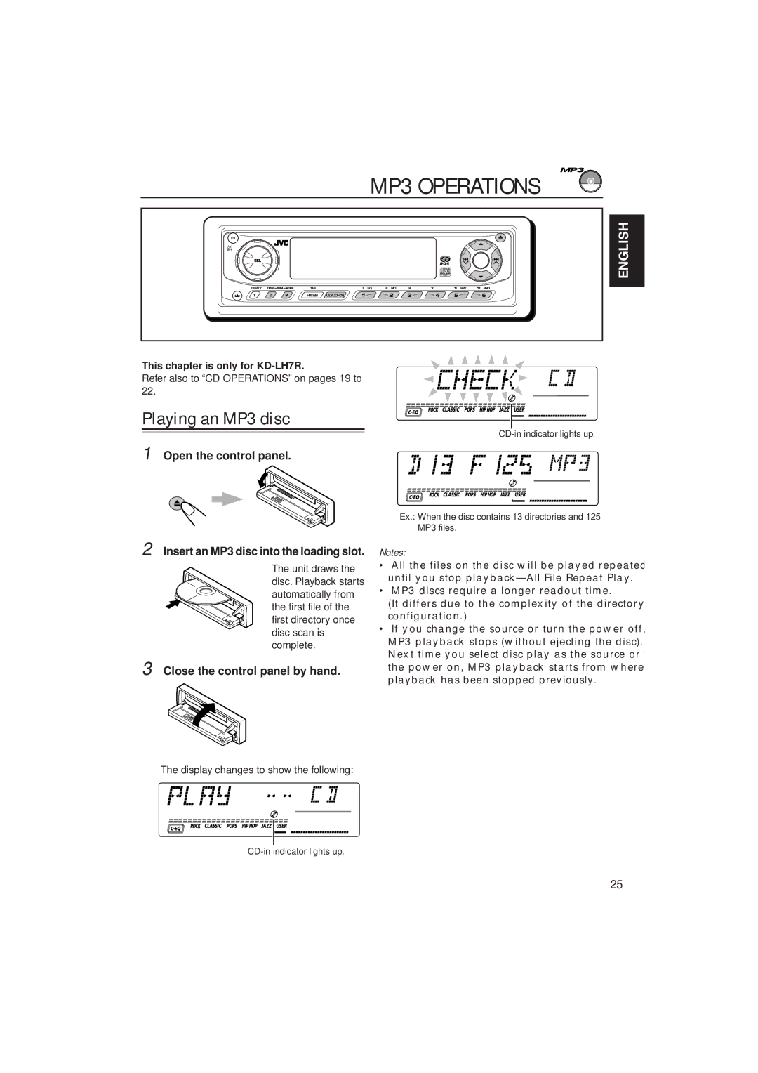 JVC GET0075-001A manual MP3 Operations, Playing an MP3 disc, Insert an MP3 disc into the loading slot 