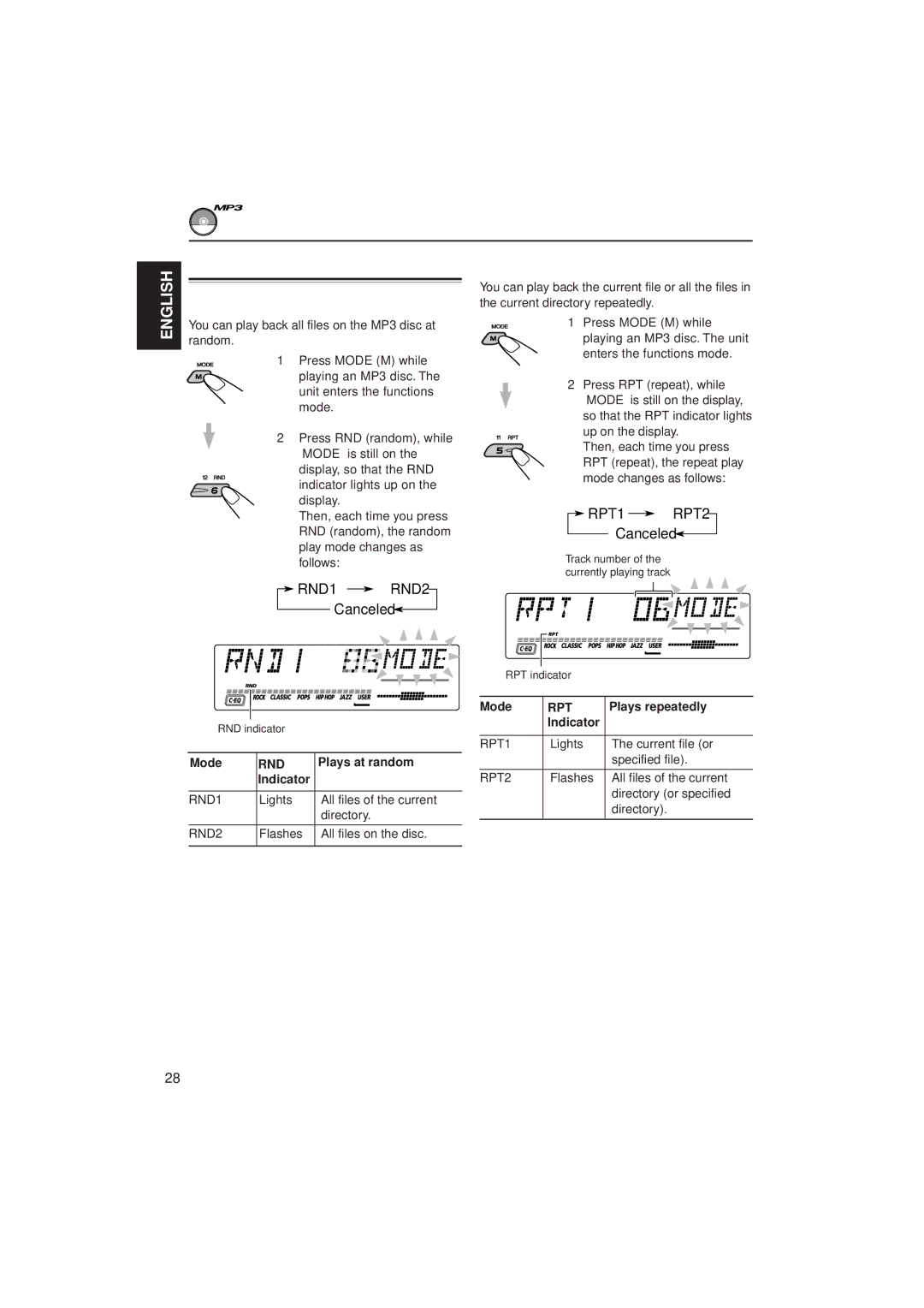 JVC GET0075-001A manual Selecting MP3 playback modes, RPT1 RPT2 Canceled, To play back files repeatedly Repeat Play 