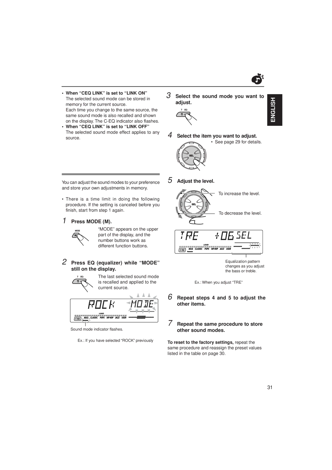 JVC GET0075-001A manual Storing your own sound adjustments, Press EQ equalizer while Mode still on the display, Adjust 