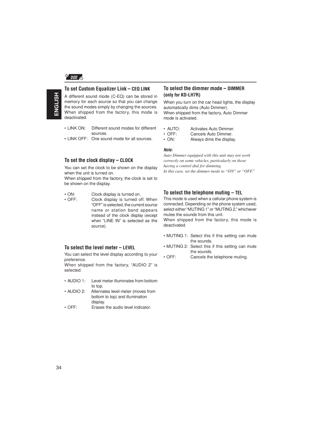 JVC GET0075-001A manual To set the clock display Clock, To select the level meter Level, To select the dimmer mode Dimmer 