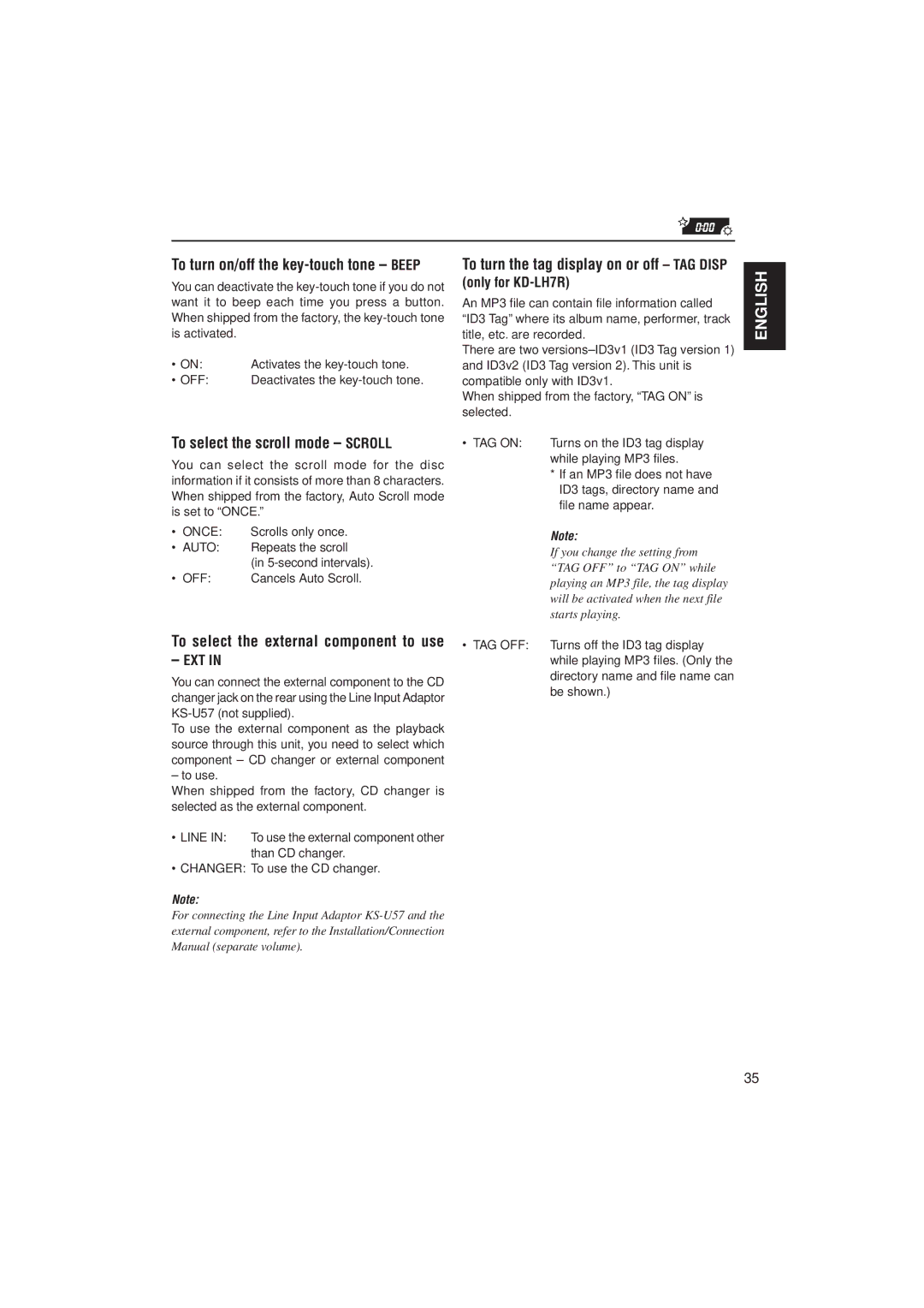 JVC GET0075-001A manual To select the scroll mode Scroll, To turn on/off the key-touch tone Beep, Ext 