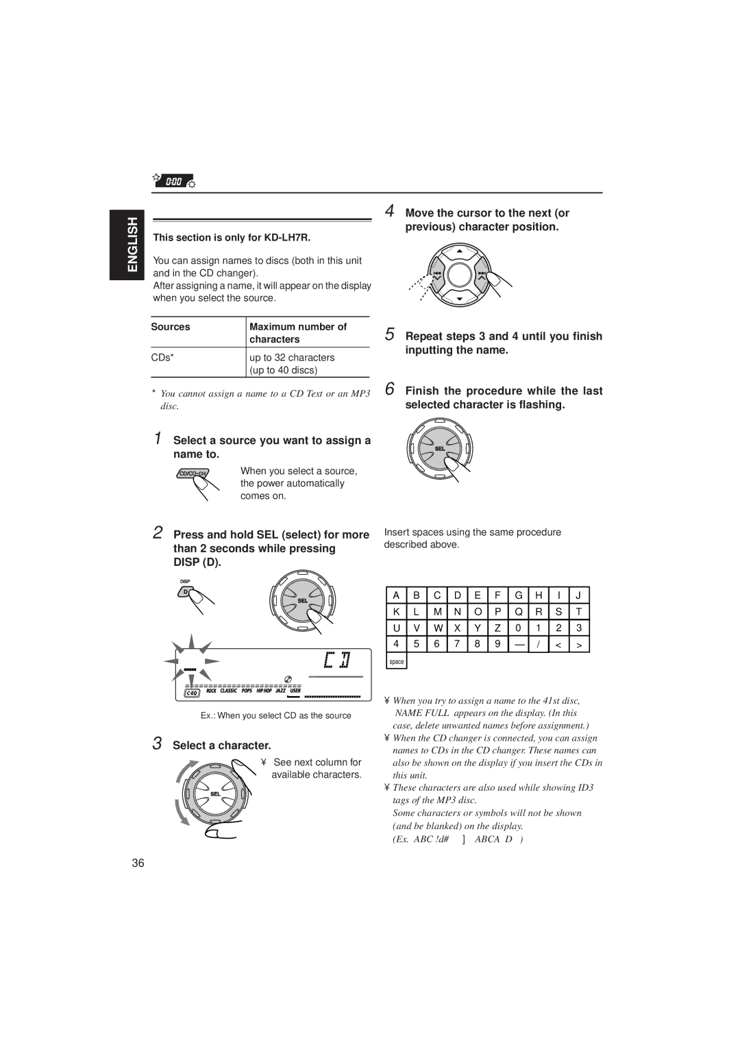 JVC GET0075-001A manual To erase the input characters, Available characters, Select a source you want to assign a name to 