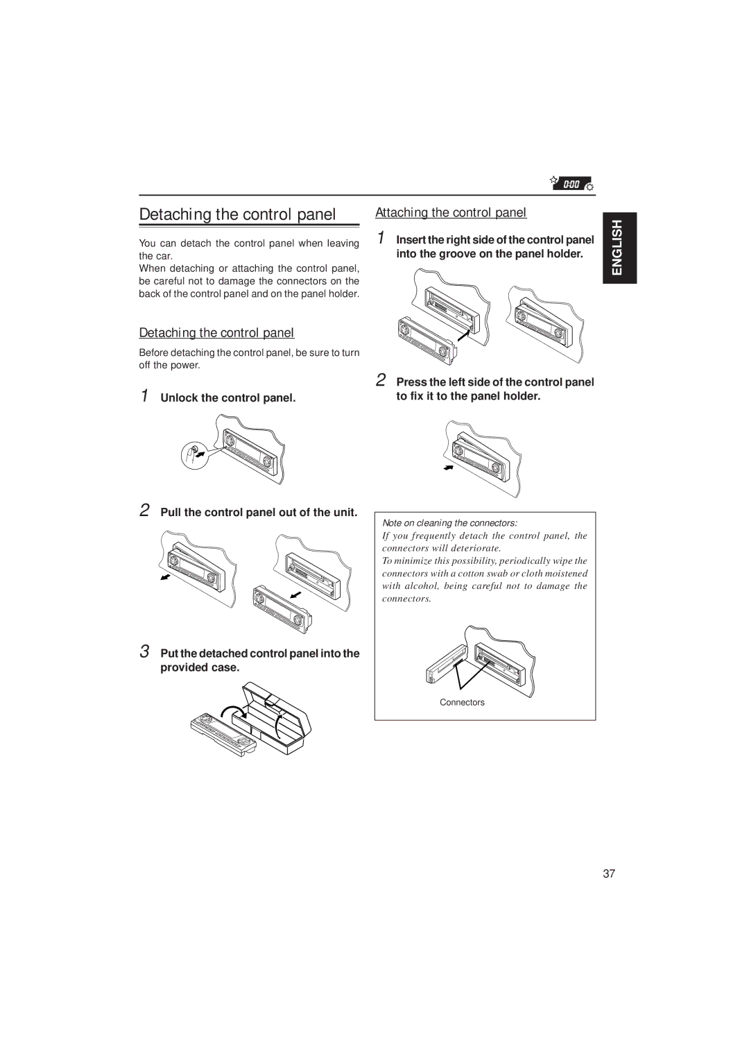 JVC GET0075-001A manual Detaching the control panel, Attaching the control panel 