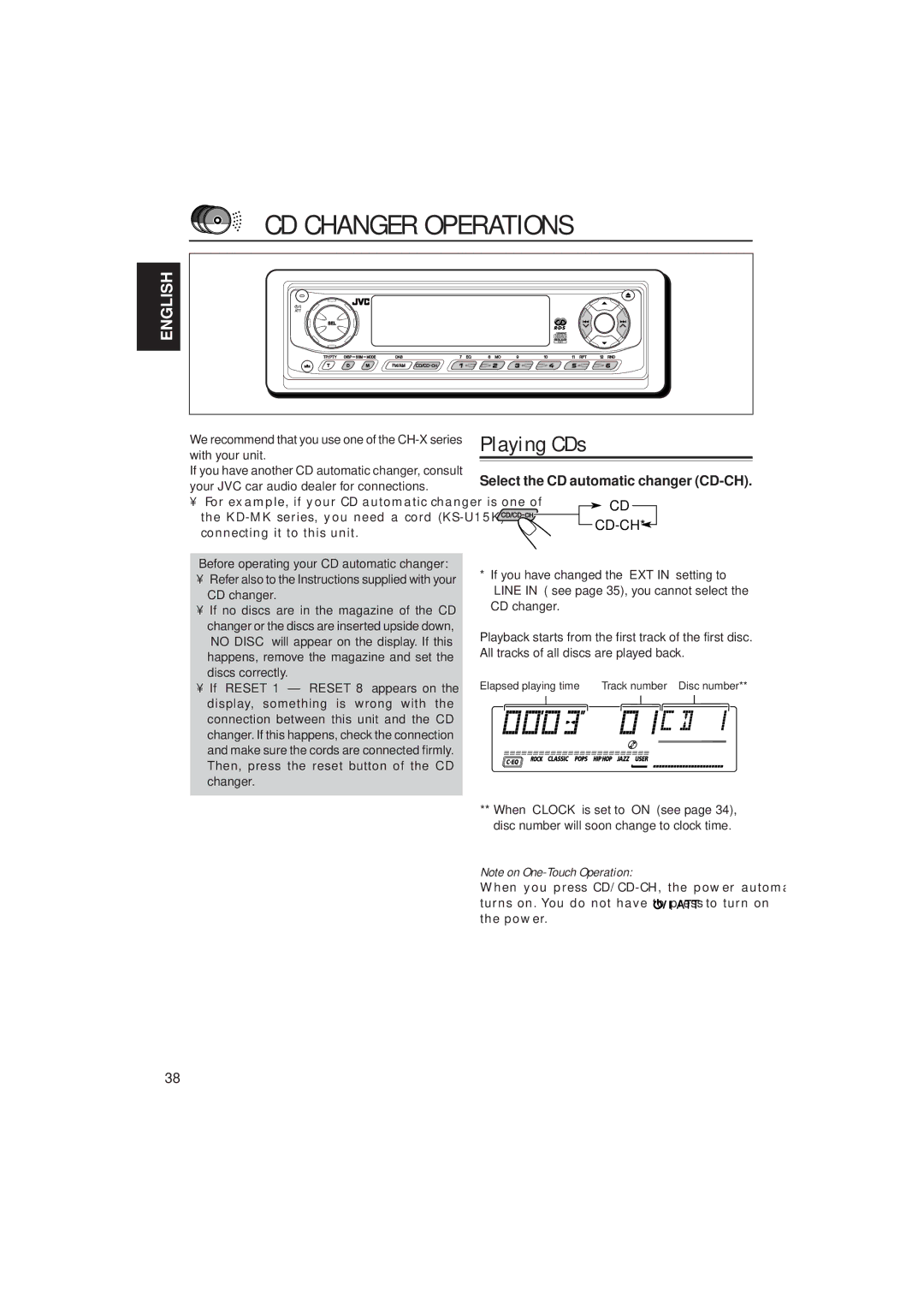 JVC GET0075-001A manual CD Changer Operations, Playing CDs, Select the CD automatic changer CD-CH, Cd-Ch 