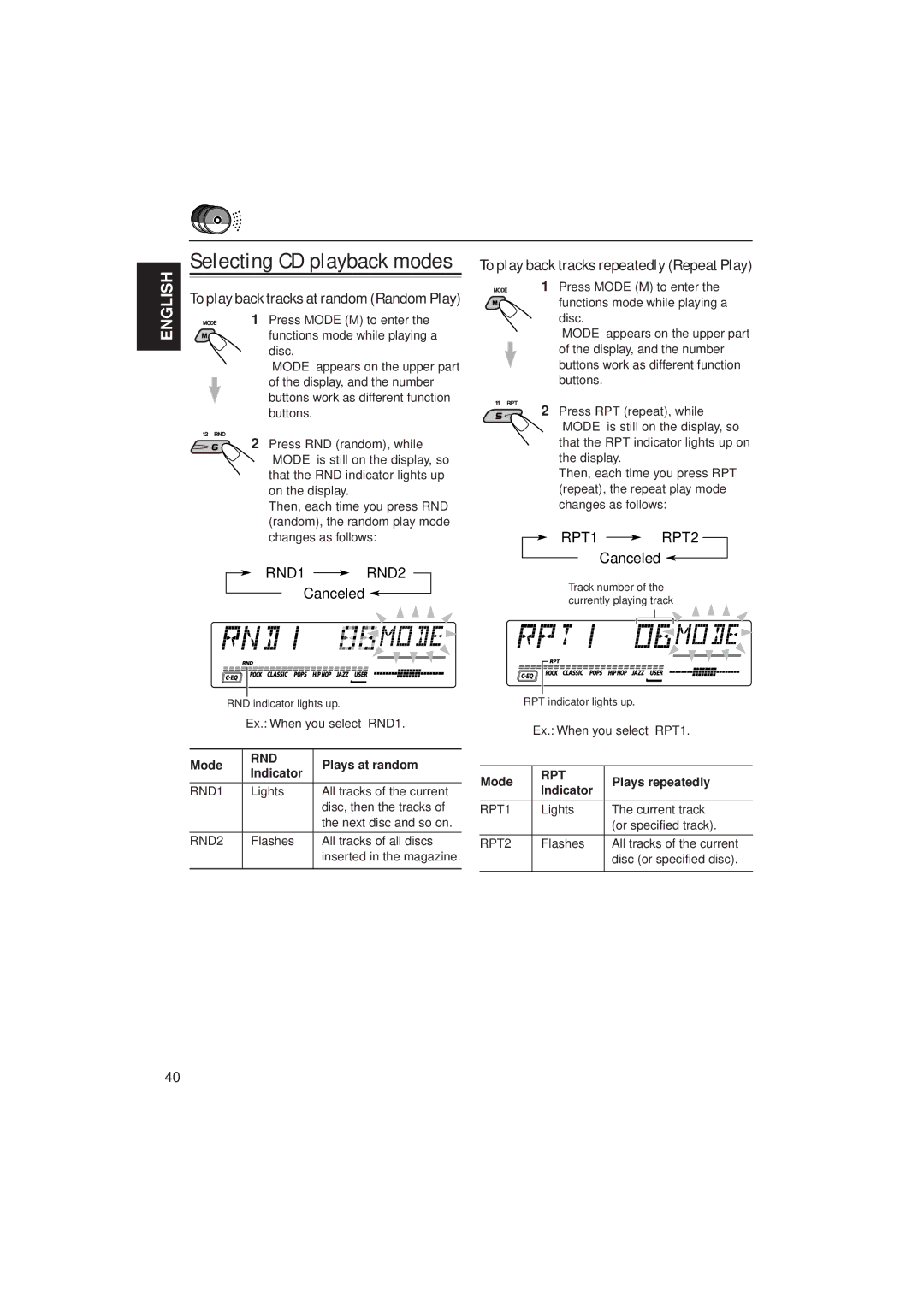 JVC GET0075-001A manual To play back tracks at random Random Play, RND1 RND2, Canceled, RPT1 RPT2 